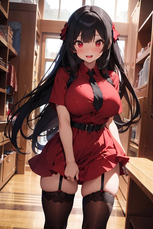 Hi res, masterpiece, 8k, NSFW, a girl, ( with gigantic tits: 1.6), black twintail hair, red eyes, (red dense pubic hair: 1.4), (unbuttoned white shirt, red ribbon, pleated gray skirt, black lace stockings with black lace garter belt, black high heels: 1.4), in a classroom, sunset, near a windows with a beautiful mountaing landscape, (sit with her legs spread wide on a school chair: 1.6), embarassed face, embarassed mouth, flushed face, semi closed eyeront view: 1.4), looking at the viewer