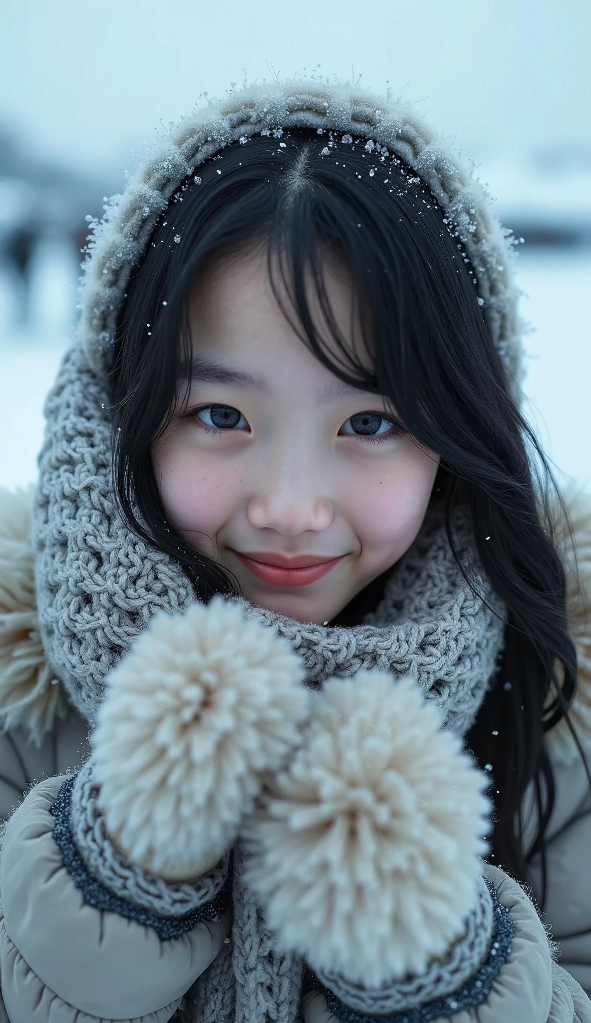Best Quality、masterpiece、RAW Photos、Film Grain、Surreal、Hyperrealism、1 person, , 20 years old, Looking at the audience, Black Hair, Iceland, snow, ice, cold, Eskimo, Portraiture, winter, gloves, scarf,No makeup, , smile, cute,, Wide Shot,