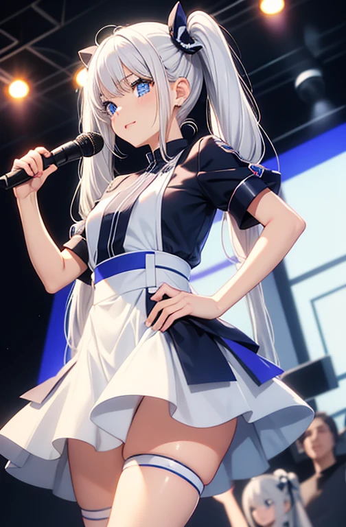 1 girl, cute, young, White hair in twin tails, blue eyes, Idol Costume, Thigh height,Holding a microphone,band