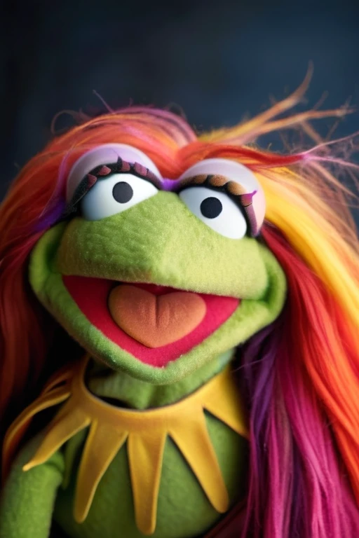 A portrait of a female Muppet with colorful long hair