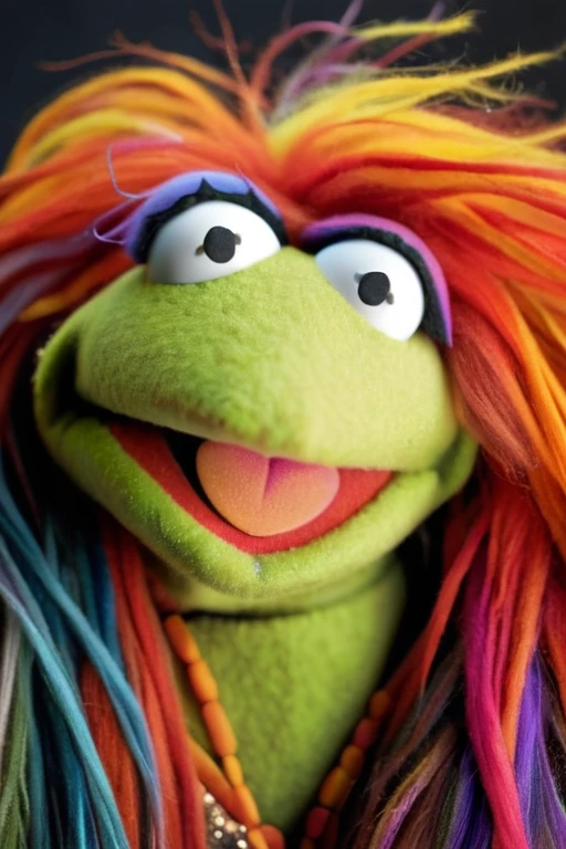 A portrait of a female Muppet with colorful long hair