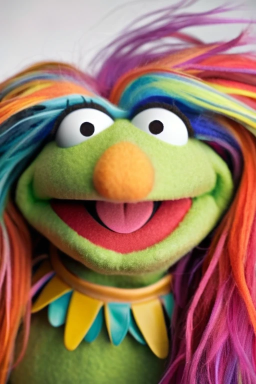 A portrait of a female Muppet with colorful long hair