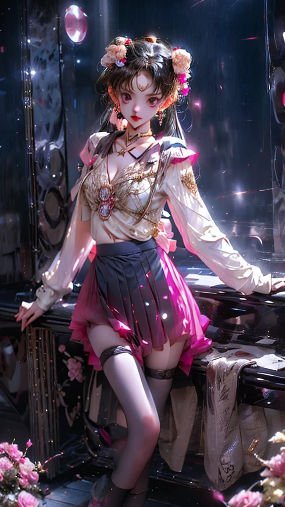 masterpiece, top quality, best quality, official art, (beautiful and aesthetic:1.3),extreme detailed,(fractal art),colorful, realistic style, official wallpaper, 1lady, standing to a floor-to-ceilingmirror,translucent dress a white shirt, short gauze skirt covered her leges, sunlight on her skin, with metal hair ornament, wearing lace gloves, and suspender stockings,on high heels, black long hair, looking back,light pink gauze miniskirt, lace underpants,