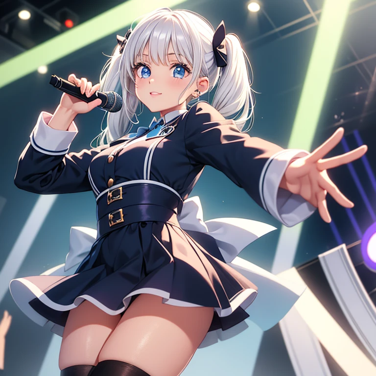 1 girl, cute, young, White hair in twin tails, blue eyes, Idol Costume, Thigh height,Holding a microphone,band