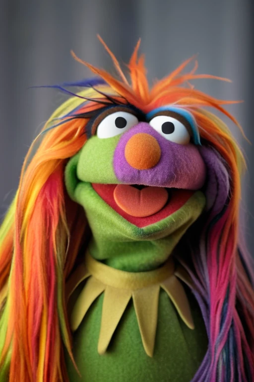 A portrait of a female Muppet with colorful long hair