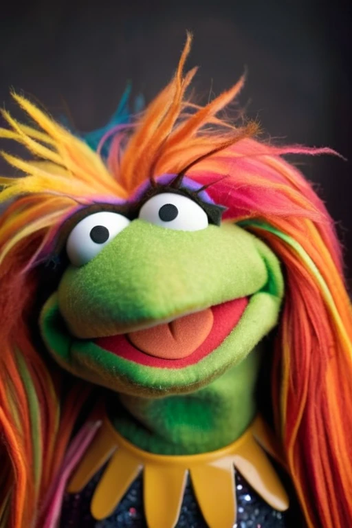 A portrait of a female Muppet with colorful long hair