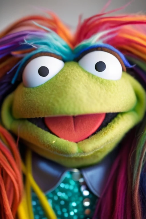 A portrait of a female Muppet with colorful long hair