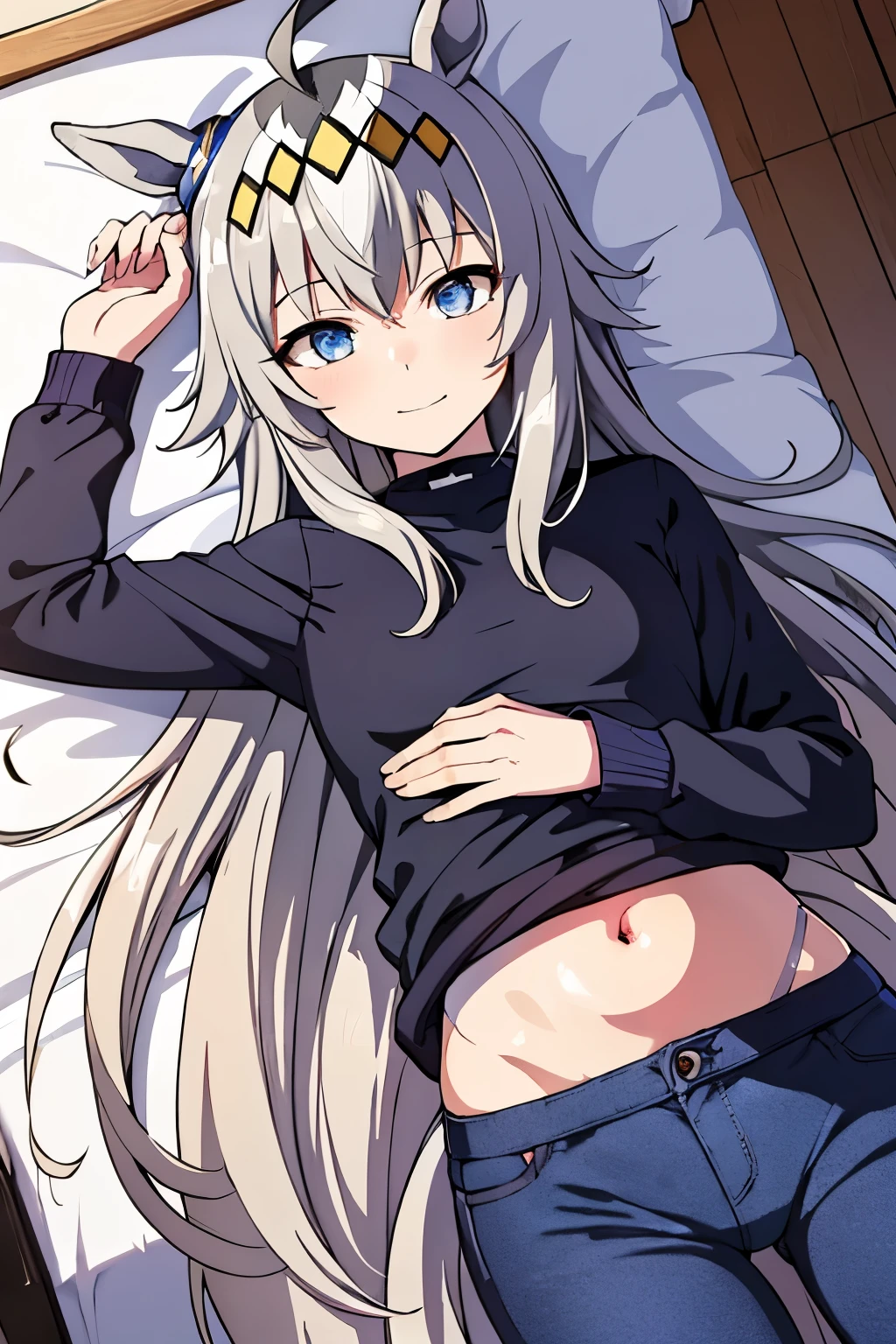 white long hair, (((soft skin))), (((delicate skin))), (pale skin:0.21), alone, solo, black sweater, navel, bare stomach, black shorts, bedroom, (((correct perspective))), purple eyes, jeans shorts