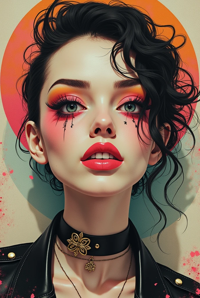 High-quality realistic acrylic art, vivid colors, (best quality, 4K, 8K, high-resolution, masterpiece), ultra-detailed, photorealistic, striking young woman, bold Neo-Gothic makeup, bold Neo-Gothic hair, vibrant Pop Art inspired outfit, intricate facial designs, modern fashion, high fashion, vibrant colors, digital art