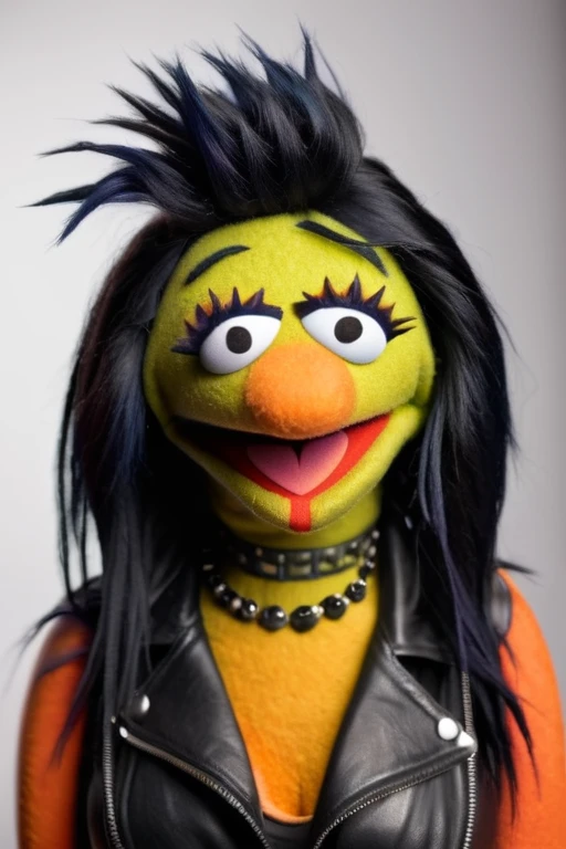 A portrait of a punk female Muppet with black hair,  orange skin, 