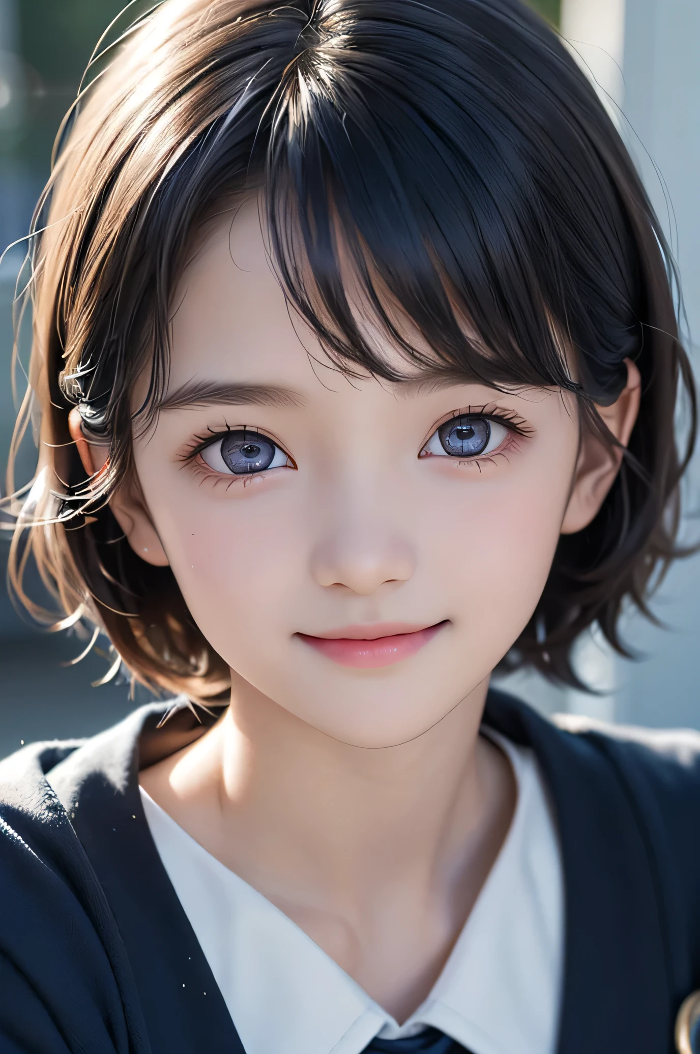 (Very beautiful  cute girl), (very  cute face:1.2),9 yo, (*********),(sparking crystal clear attractive large eyes:1.2), Beautiful detailed eyes, Detailed double eyelids, (smiling), (realistic photograph:1.1), short hair,(dark blue sailor high-school uniform:1.1),professional portrait