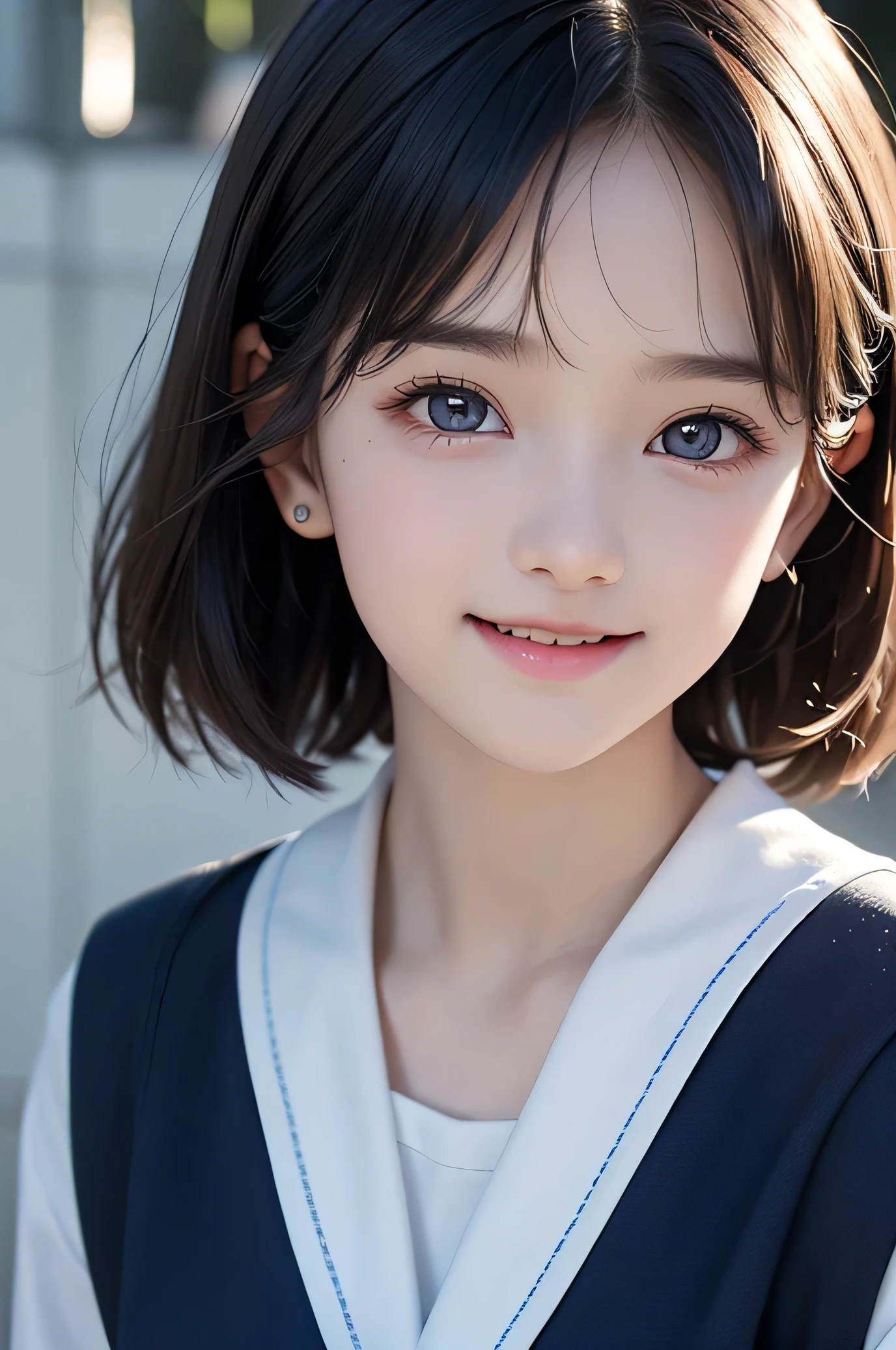 (Very beautiful cute girl), (very cute face:1.2),9 yo, (),(sparking crystal clear attractive large eyes:1.2), Beautiful detailed eyes, Detailed double eyelids, (smiling), (realistic photograph:1.1), short hair,(dark blue sailor high-school uniform:1.1),professional portrait