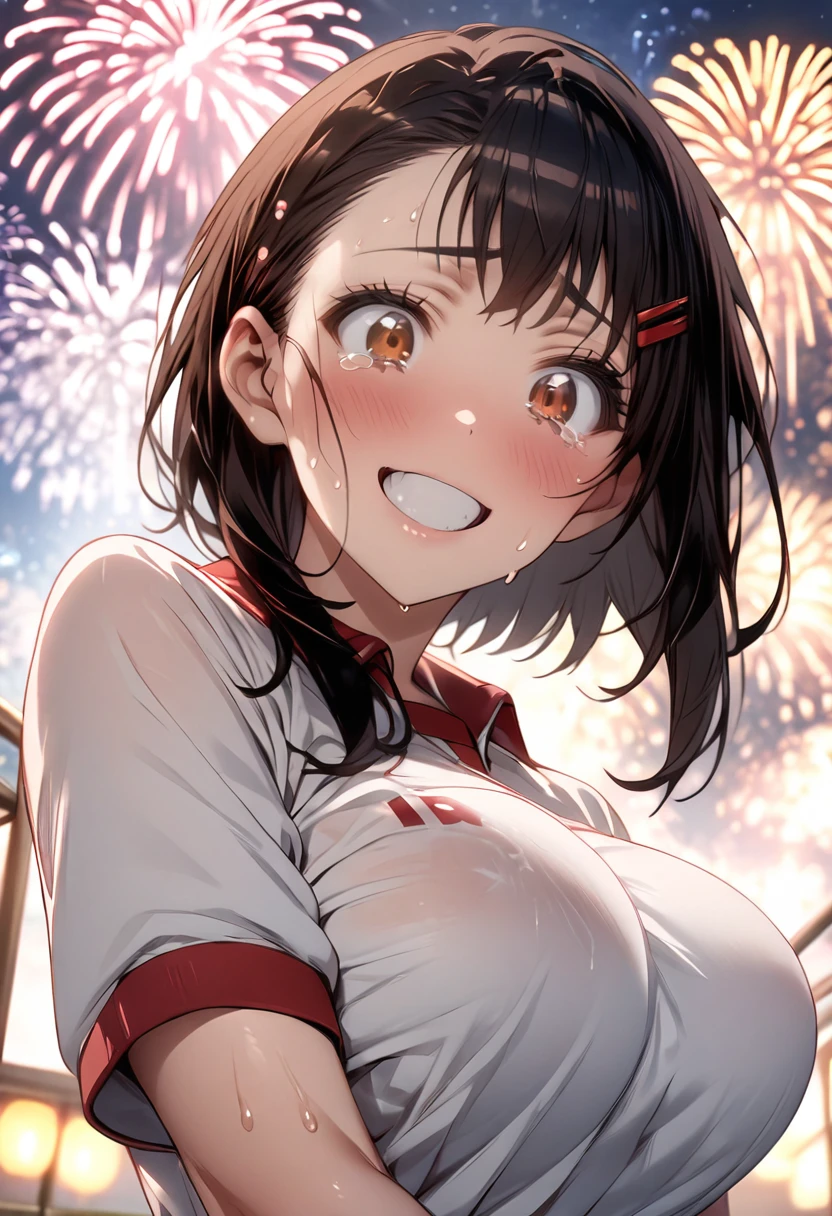 One Girl、White gym clothes、One Curl Bob Cut, Highest quality、Black Hair、Sweaty body、Obscene sound effects、Japanese Moans、Big Breasts、Surprised、(Show your forehead)、hairpin、meteor shower、night sky、(fly in the air)、View from below、(fireworks display)、grin、(tear:1.3)