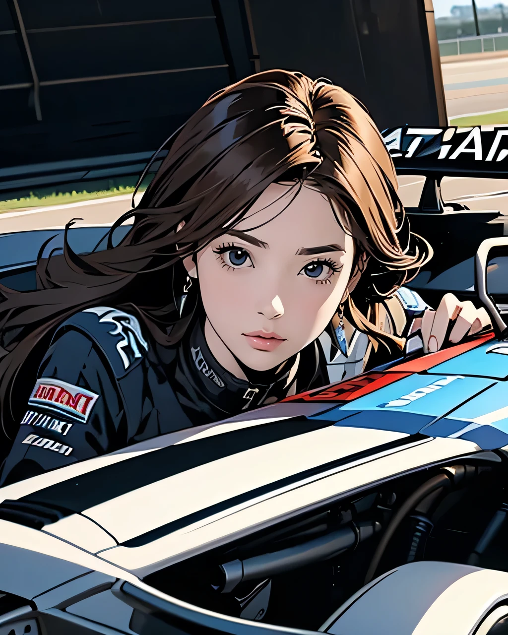 
dynamic angle,strong wind
,Having a meeting with a mechanical designer next to an F1 car、anime style, super fine illustration, highly detailed, dynamic angle,strong wind, beautiful detailed, 8k, In the circuit pit, tense with race anticipation,  
BREAK
 a young female F1 driver in a racing suit is discussing with a mechanic in circuit pit, her expression serious. BREAK An F1 car is parked in the pit, adding to the atmosphere of the upcoming race.