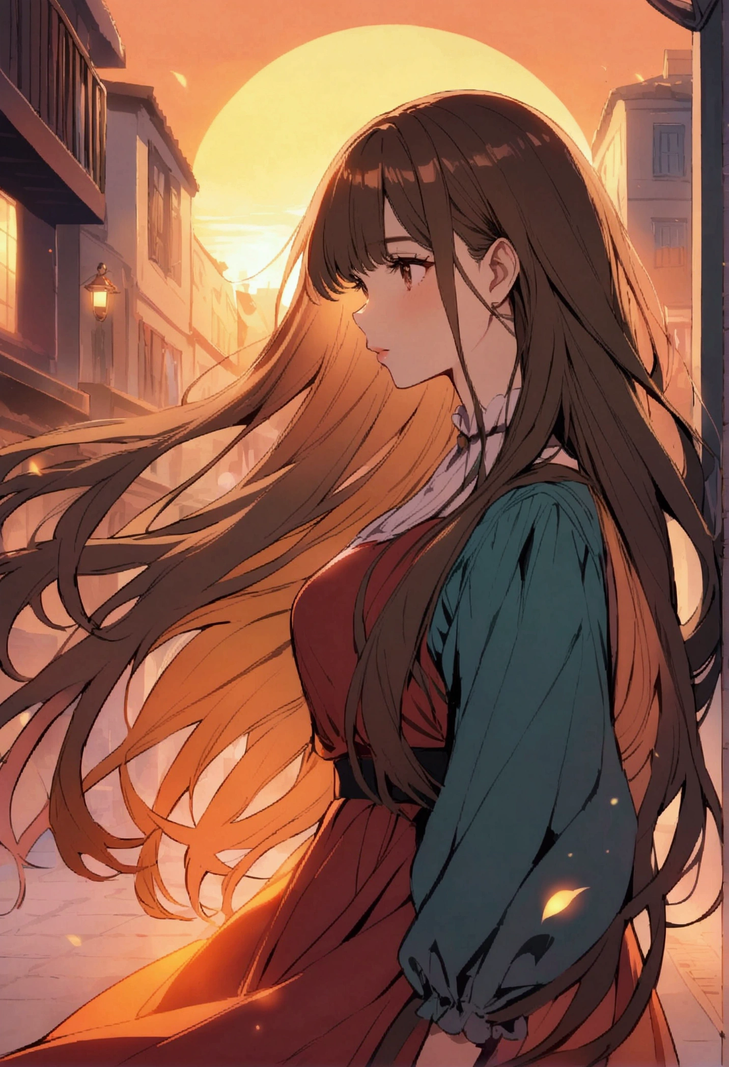 (couple), girl and boy, Gaze at the red sky at sunrise, rear view, 1boy, ((boy with green eyes, short black curly hair)), 1girl, ((girl with red eyes, vibrant pink long hair)), intimate, rich in detail, happy expression, love, long shot, wide angle, (((masterpiece, best quality, aesthetic, heavenly)))