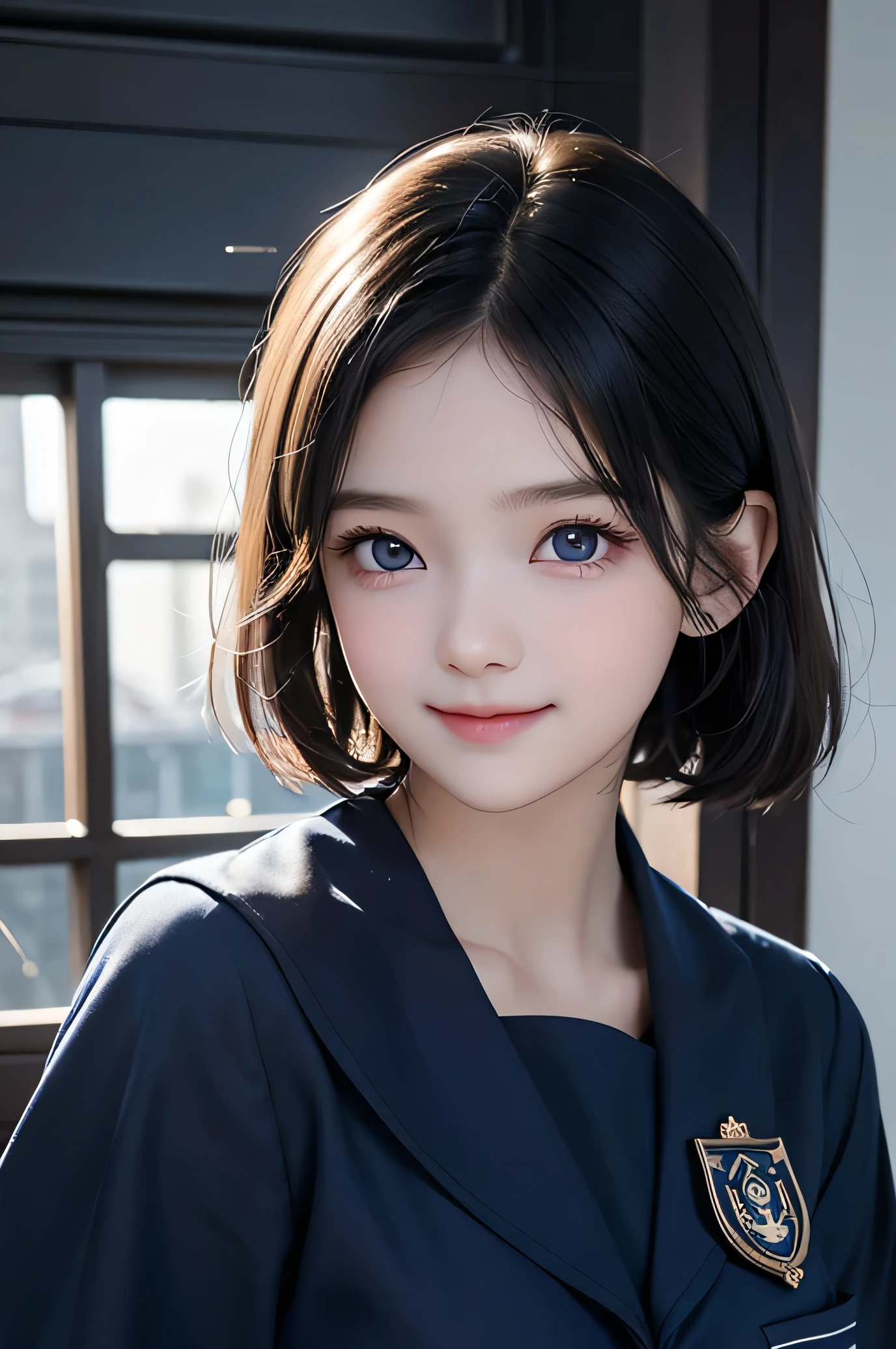 (Very beautiful cute girl), (very cute face:1.2),9 yo, (),(sparking crystal clear attractive large eyes:1.2), Beautiful detailed eyes, Detailed double eyelids, (smiling), (realistic photograph:1.1), short hair,(dark blue sailor high-school uniform:1.1),professional portrait