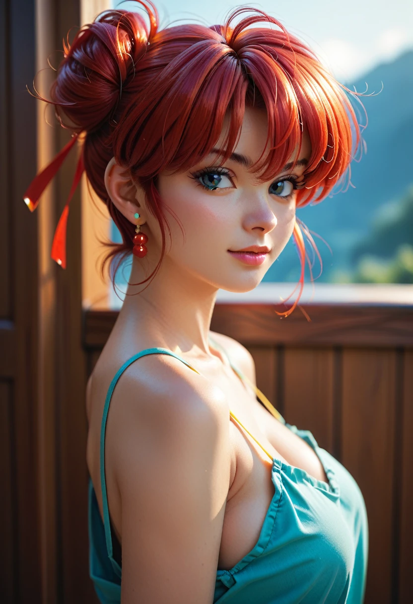 photo-realistic, surreal, cinematic lighting, 32K, 1 girl, look up, Backlight, (bright light:1.2), (Improvement of quality:1.4), (Highest quality realistic textured skin:1.4), (Enhances the beauty of skin texture:1.3), (matte texture:1.3) , detailed eyes, detailed face, shy smile, close up of face, tan , (Enhances the beauty of skin texture:1.1), matte texture , blue eyes , slanted eyes , (red hair:1.3) , (short hair) , (solo braided ponytail) , ((bangs)) , bumpy bangs , toned , curvy , large breasts , (completely nude:1.3) , shaved pussy , squat , open vagina ,