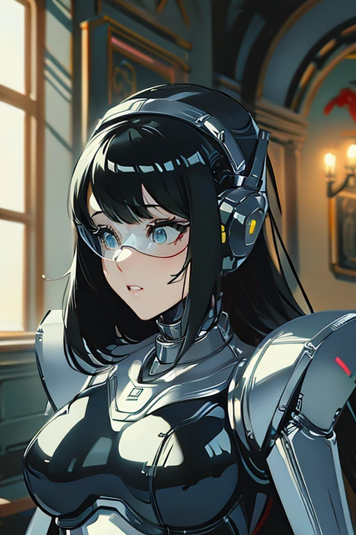 (masterpiece),(Highest quality),(Super detailed),(Best illustrations),(Best Shadow),(Absurd),(Detailed Background),(so beautiful), 16K, 8K, 4K,(Best Shadow),robotization,woman ,big bust,Robot Joint ,Metal skin,Black robot Suit,long hair,a black robot suit that covers the whole body,robot hand,cyber bodysuit,mecha head,(Detailed hands and fingers:1.2),Ball joint robot body,doll joint,beautiful face,beautiful robot girl,robotic eye,robotic hands,(no more human skin),android girl,cyborg girl,F cup, sexy body,(machine made joints:1.2),(machanical limbs:1.1),(blood vessels connected to tubes),(mechanical vertebra attaching to back),(mechanical cervial attaching to neck),girl robocop,no messy picture style