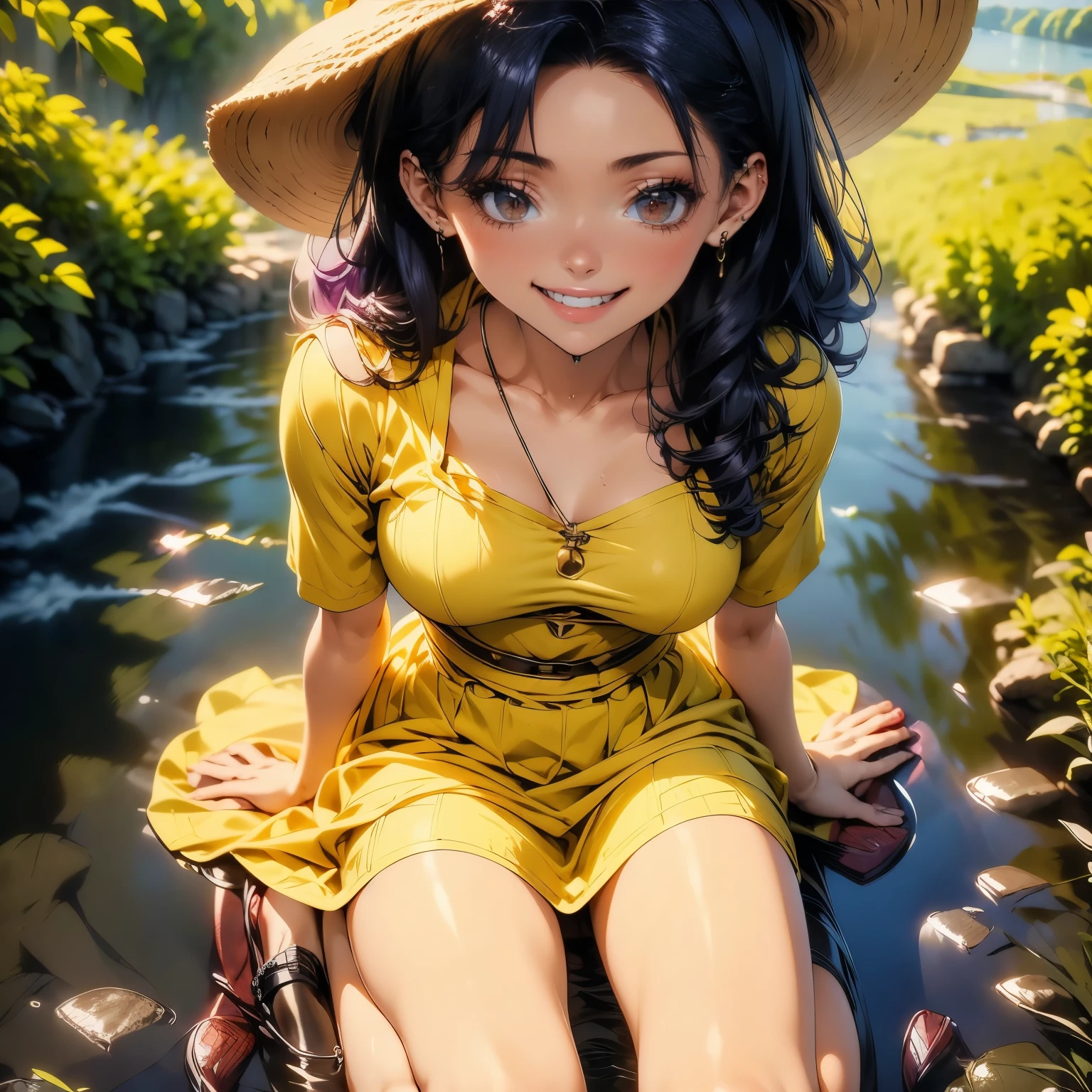 (masterpiece), best quality, expressive eyes, perfect face 4k, HDR, full HD, masterpiece, 1girl, solo, long purple hair, perfect anatomy, full body, long summer dress, yellow dress, summer hat of a woman, she kneeling on the bank of a river, the river has a low water level, in the background a mountain, rosy cheeks and a very happy smile, her dress is wet,