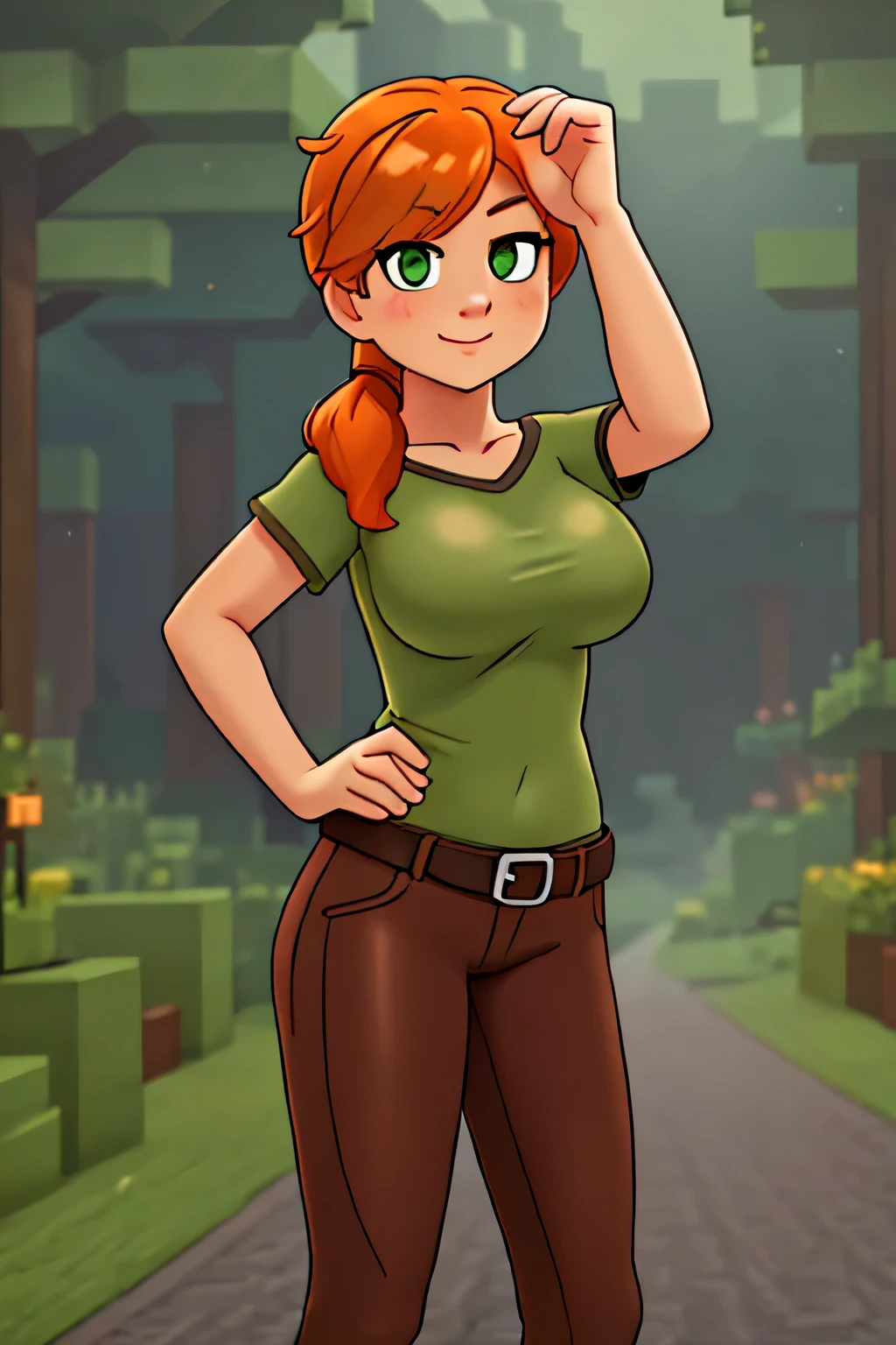 close up 1girl in, photo of Alex, Alex Minecraft, Solo, (messy orange hair, short ponytail over left shoulder, thick Ginger hair, (green eyes: 1.2), (perfect clear skin, pale skin, detailed skin, large breasts, round breasts, perfect body, skinny, thin), (thin hips, thin waist: 1.25), neutral face, mischievous smile, (wearing a green t-shirt, brown bush pants, leather belt, dark leather boots), The dense forest and wet road in this prompt produces a darkened, mystical landscape, It conveys a fairytale mood with the magical evergreen forest and faint golden light on the paved road. Minecraft world, (realistic photo, best quality, detailed), (8k wallpaper), (cinematic lighting, beautiful light, (noon:1.3)) (sharp focus, intricate), (dslr, realistic, looking at viewer, sharp focus, delicate, soft colors, cinematic)