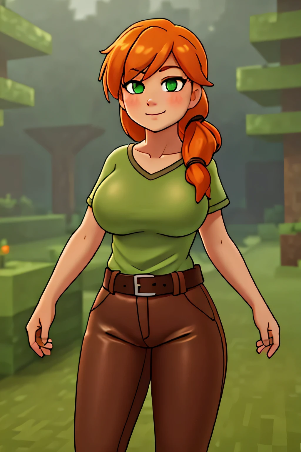 close up 1girl in, photo of Alex, Alex Minecraft, Solo, (messy orange hair, short ponytail over left shoulder, thick Ginger hair, (green eyes: 1.2), (perfect clear skin, pale skin, detailed skin, large breasts, round breasts, perfect body, skinny, thin), (thin hips, thin waist: 1.25), neutral face, mischievous smile, (wearing a green t-shirt, brown bush pants, leather belt, dark leather boots), The dense forest and wet road in this prompt produces a darkened, mystical landscape, It conveys a fairytale mood with the magical evergreen forest and faint golden light on the paved road. Minecraft world, (realistic photo, best quality, detailed), (8k wallpaper), (cinematic lighting, beautiful light, (noon:1.3)) (sharp focus, intricate), (dslr, realistic, looking at viewer, sharp focus, delicate, soft colors, cinematic)