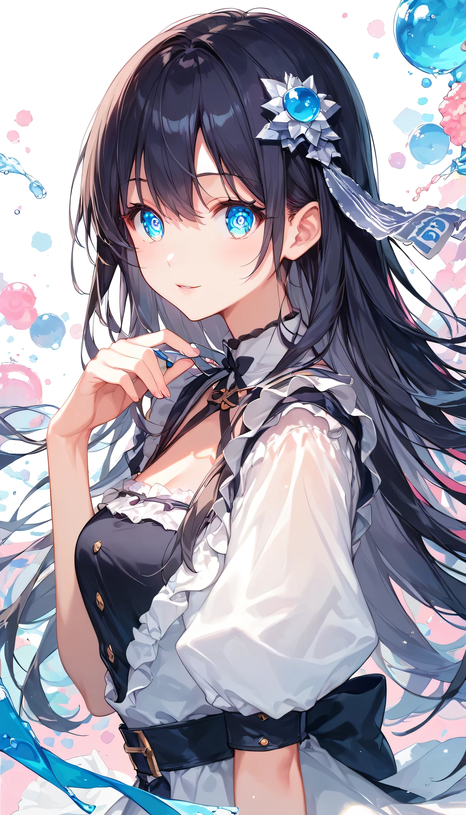(((masterpiece、Highest image quality、highest quality、highly detailed unity 8kwallpaper)))、((Illustration of one girl))、(((beautiful girl)))、blue hair、white clothes