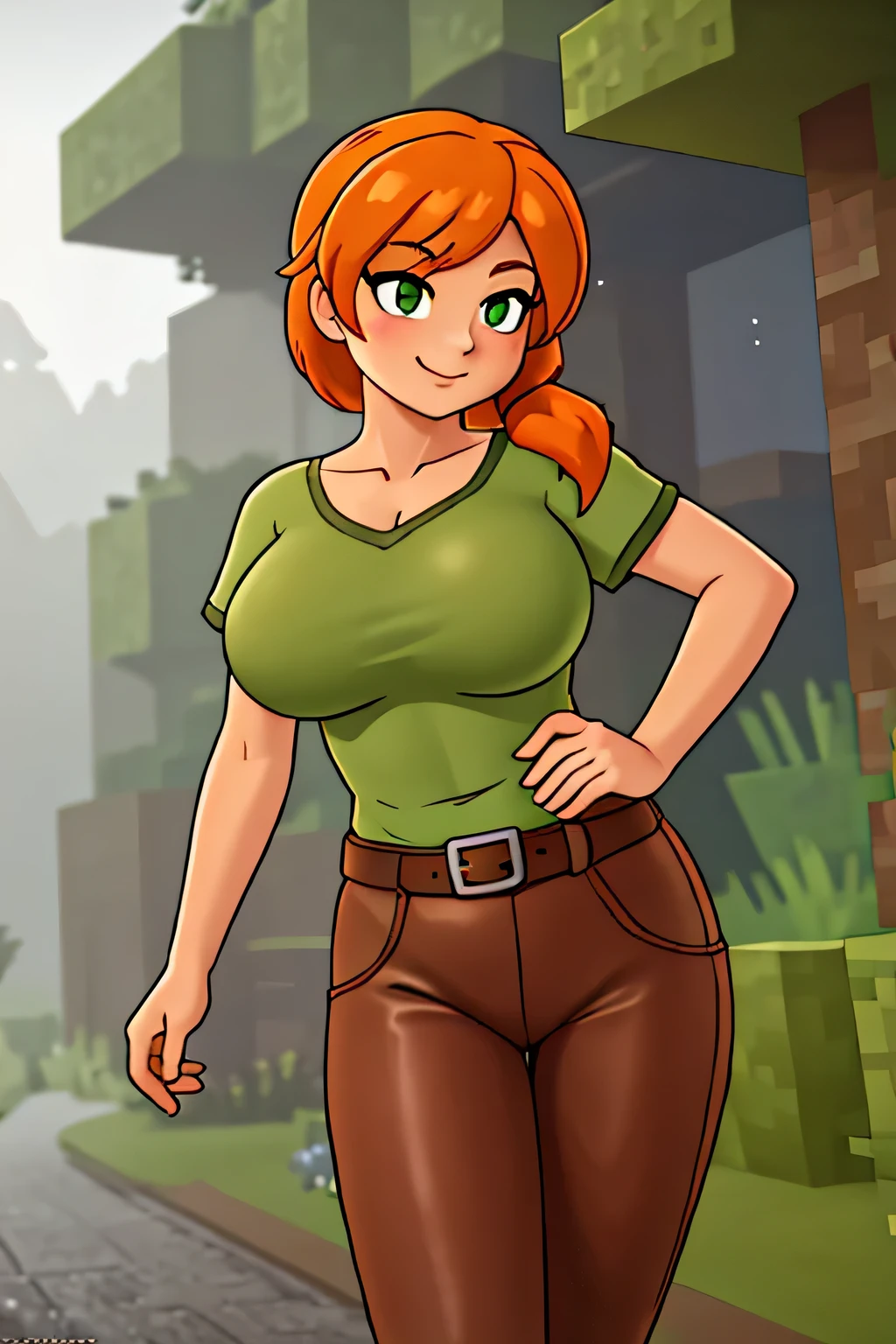 close up 1girl in, photo of Alex, Alex Minecraft, Solo, (messy orange hair, short ponytail over left shoulder, thick Ginger hair, (green eyes: 1.2), (perfect clear skin, pale skin, detailed skin, large breasts, round breasts, perfect body, skinny, thin), (thin hips, thin waist: 1.25), neutral face, mischievous smile, (wearing a leather armor, brown bush pants, leather belt, dark leather boots), The dense forest and wet road in this prompt produces a darkened, mystical landscape, It conveys a fairytale mood with the magical evergreen forest and faint golden light on the paved road. Minecraft world, (realistic photo, best quality, detailed), (8k wallpaper), (cinematic lighting, beautiful light, (noon:1.3)) (sharp focus, intricate), (dslr, realistic, looking at viewer, sharp focus, delicate, soft colors, cinematic)