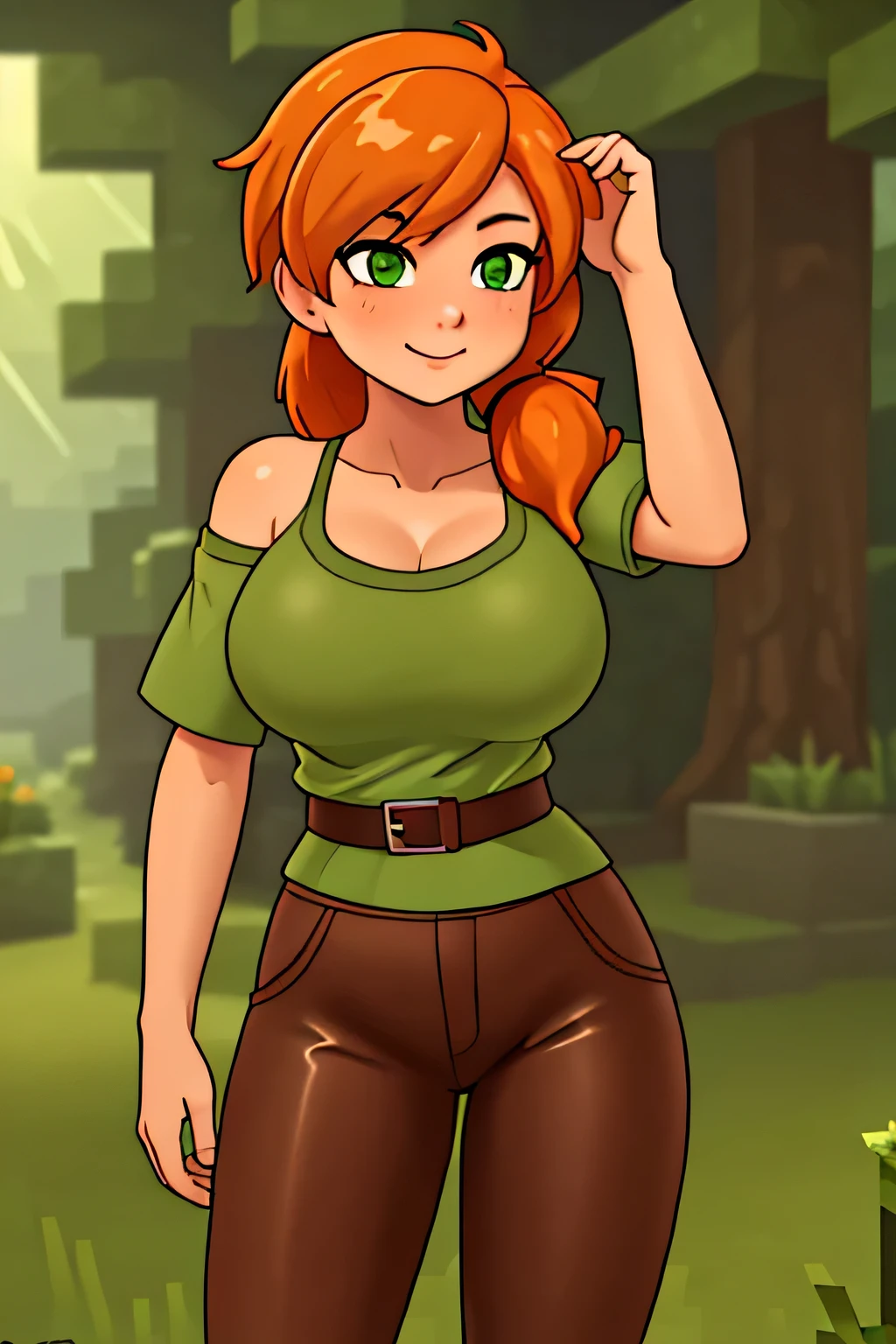 close up 1girl in, photo of Alex, Alex Minecraft, Solo, (messy orange hair, short ponytail over left shoulder, thick Ginger hair, (green eyes: 1.2), (perfect clear skin, pale skin, detailed skin, large breasts, round breasts, perfect body, skinny, thin), (thin hips, thin waist: 1.25), neutral face, mischievous smile, (wearing a leather armor, brown bush pants, leather belt, dark leather boots), The dense forest and wet road in this prompt produces a darkened, mystical landscape, It conveys a fairytale mood with the magical evergreen forest and faint golden light on the paved road. Minecraft world, (realistic photo, best quality, detailed), (8k wallpaper), (cinematic lighting, beautiful light, (noon:1.3)) (sharp focus, intricate), (dslr, realistic, looking at viewer, sharp focus, delicate, soft colors, cinematic)