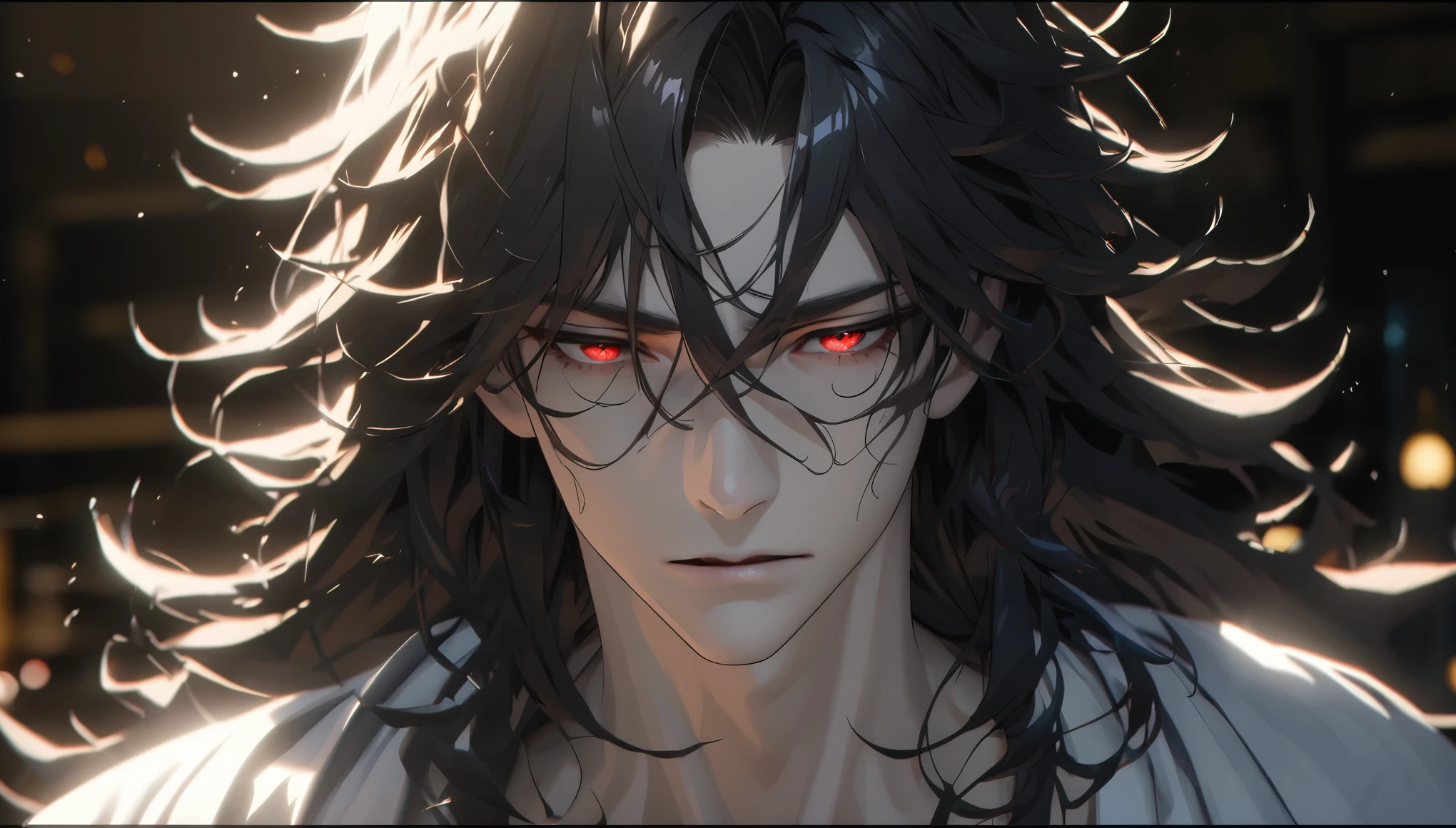 A close up of a person with long hair and red eyes - SeaArt AI