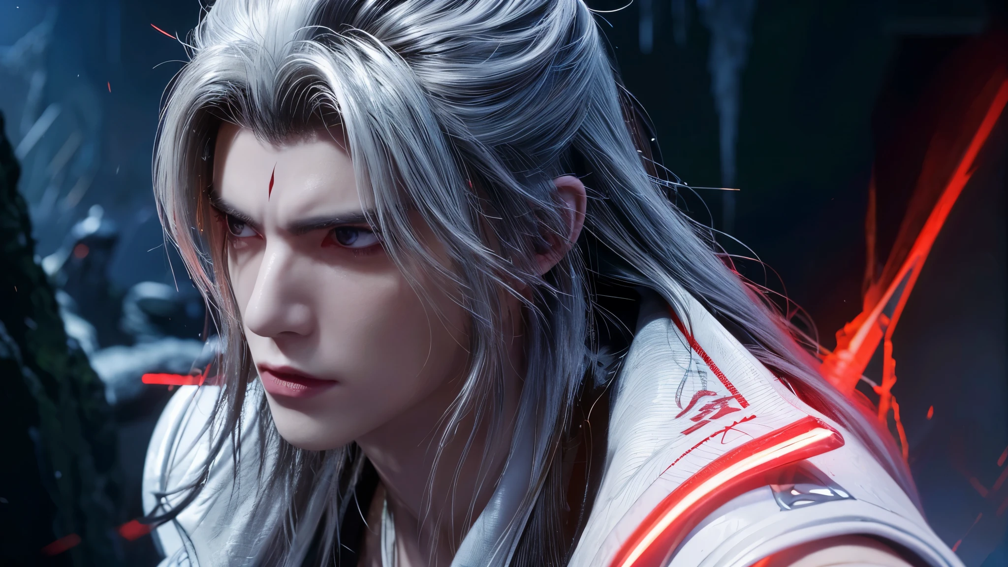 1 boy, close up, White hair(Solitary), male, Black Hair, Messy hair, Long hair, Thick hair, Wild hair, Expressive hair, Mature,Pale skin, Red Eyes, Wearing a white robe, Handsome, Attractive, Eye Reflection, Depth of Field, Thunder Aura,Cinematic lighting, Ray Tracing, Depth of Field, Cinematic lighting, Ray Tracing, Ultra HD, High Detail, Best quality, high resolution，Dark cave，Glowing crystal