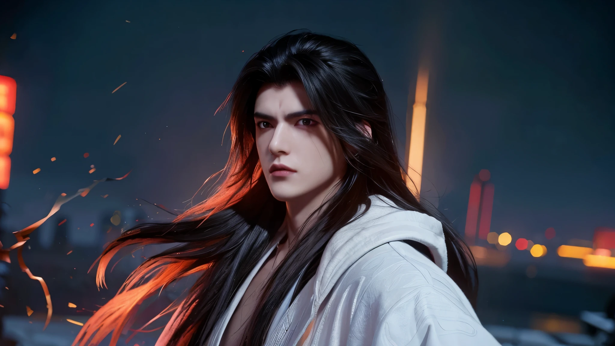 (Solitary), male, Black Hair, Messy hair, Long hair, Thick hair, Wild hair, Expressive hair, Mature,Pale skin, Red Eyes, Wearing a white robe, Handsome, Attractive, Eye Reflection, Depth of Field, Thunder Aura,Cinematic lighting, Ray Tracing, Depth of Field, Cinematic lighting, Ray Tracing, Ultra HD, High Detail, Best quality, high resolution