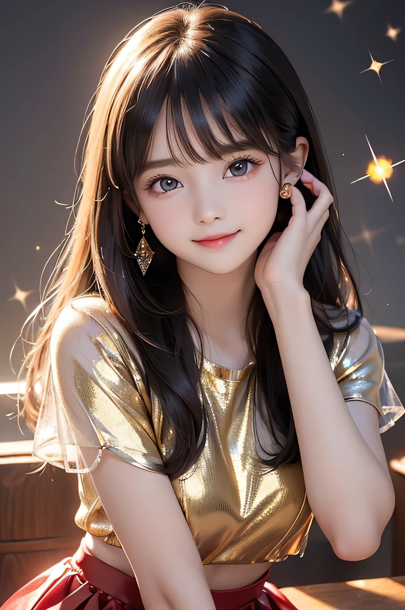 (Very beautiful  cute girl), (very  cute face:1.2),9 yo, (baby face),(sparking crystal clear attractive large eyes:1.2), Beautiful detailed eyes, Detailed double eyelids, (smiling), (realistic photograph:1.1), long straight hair,professional portrait ,long see-through bangs, (Super Shiny metallic red Tight mini Skirt:1.2), Super shiny Metallic gold fashionable summer tops,