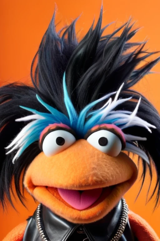 A portrait of a punk female Muppet with black hair,  orange skin, 