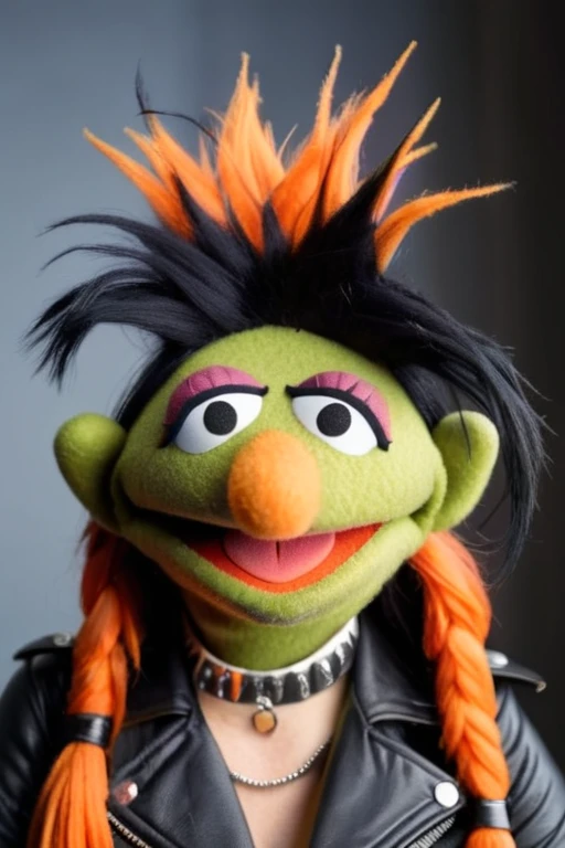 A portrait of a punk female Muppet with black hair,  orange skin, 