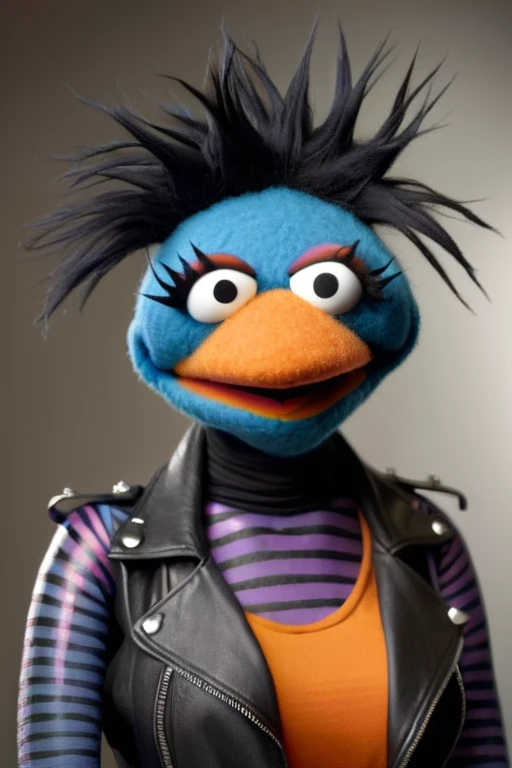 A portrait of a punk female Muppet with black hair,  orange skin, 