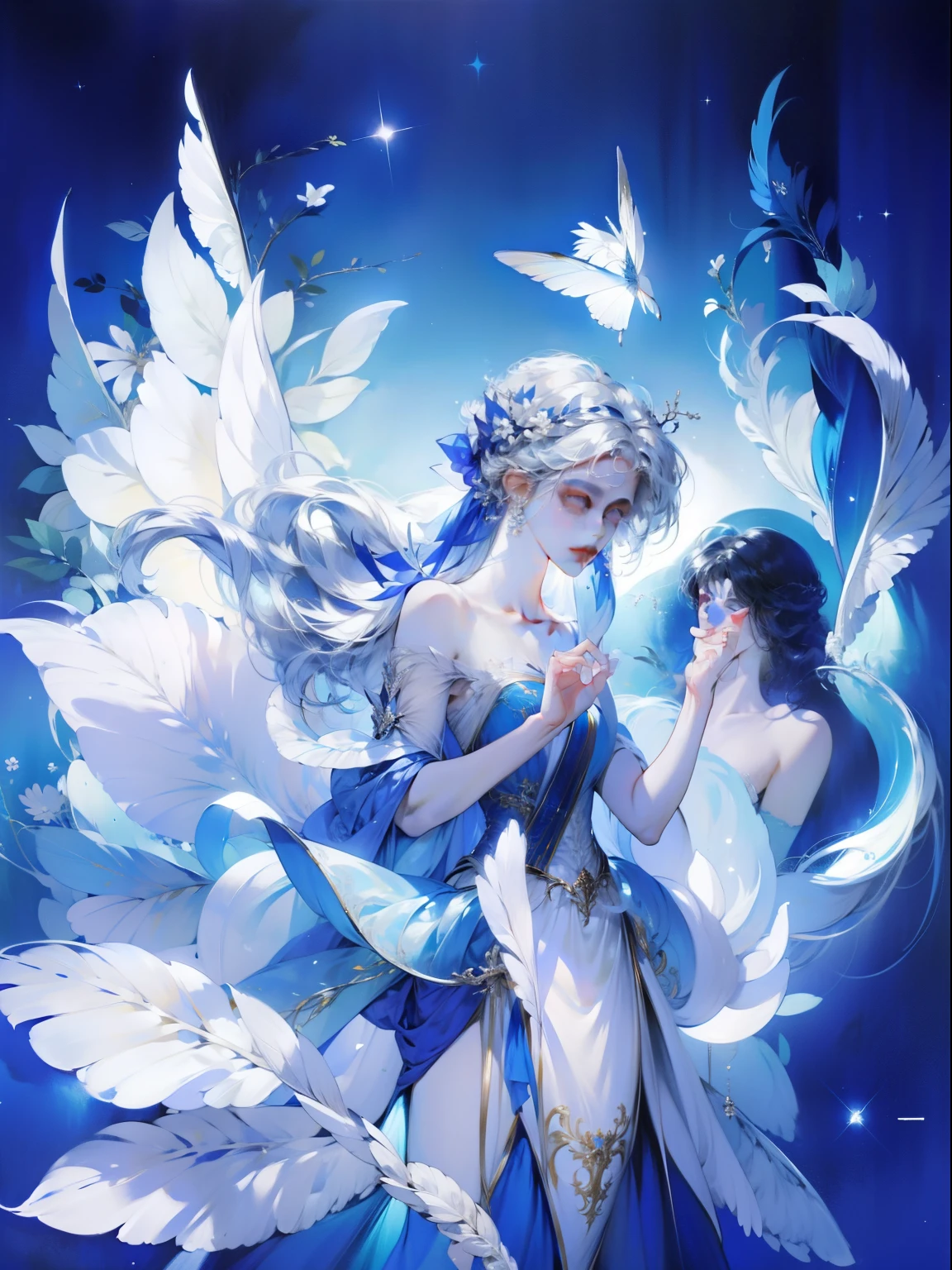 lesbian couple of peacock goddesses, bleu and white, elegant, romantic, cute moment of tenderness, a beautiful artwork illustration, artwork in the style of guweiz, anime fantasy illustration, digital art on pixiv, guweiz on pixiv artstation, beautiful gemini good and evil, guweiz, detailed digital anime art, guweiz on artstation pixiv, exquisite digital illustration