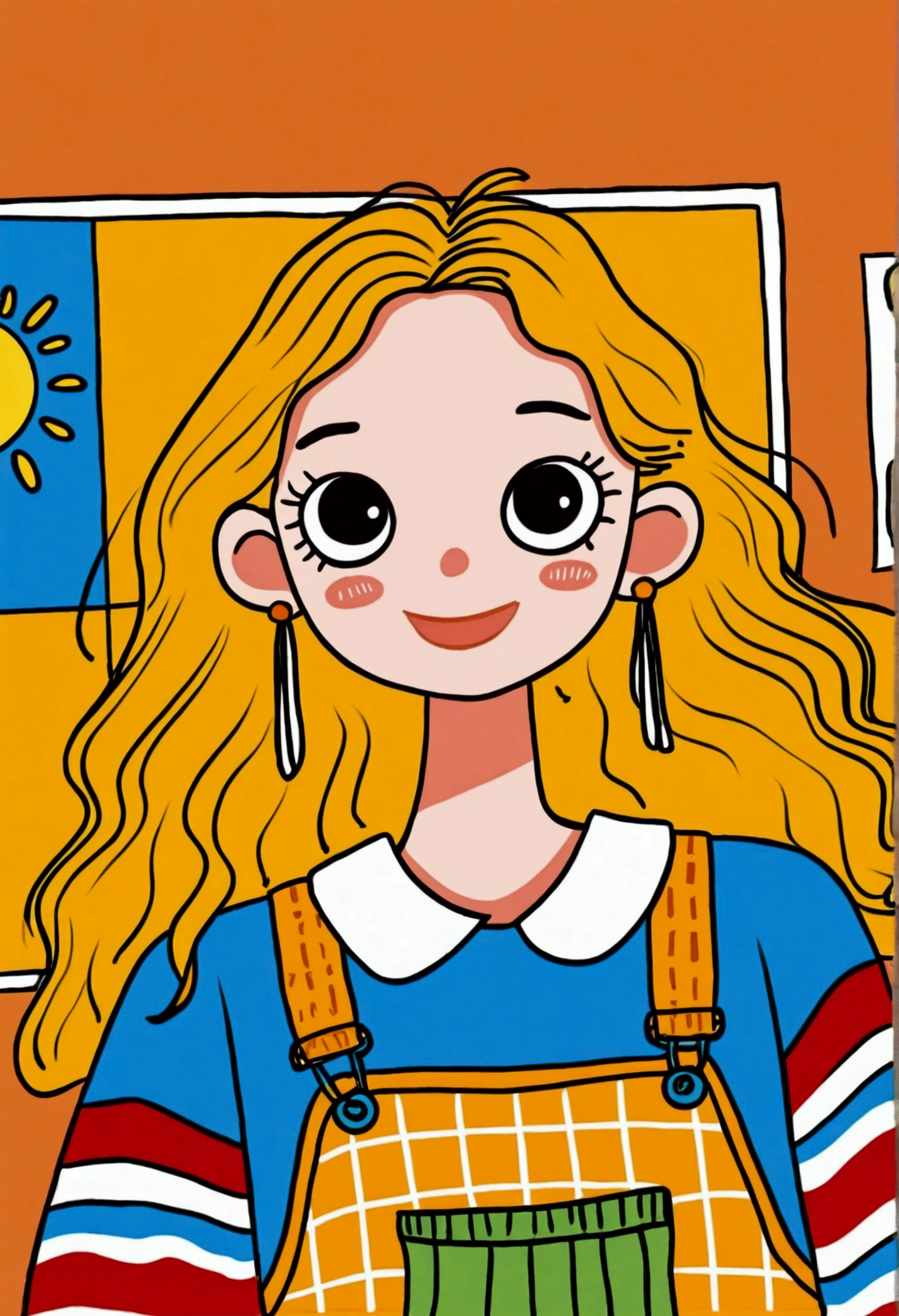 Cartoon：Image of arafed in sweater and overalls, A painting inspired by Sun Long, Instagram, Pop Art, Happy fashion model, Sunny at noon, Sunny Day, Xuan Yunzhu, Beautiful sunny day, Lovely:2, Sunny Day, frown fashion model, (Blink), Sun beams, Smiling fashion model, Product images
