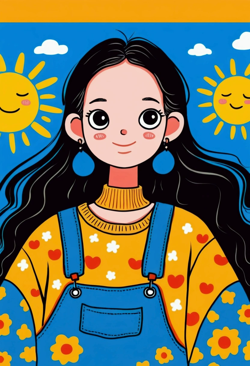 Cartoon：Image of arafed in sweater and overalls, A painting inspired by Sun Long, Instagram, Pop Art, Happy fashion model, Sunny at noon, Sunny Day, Xuan Yunzhu, Beautiful sunny day, Lovely:2, Sunny Day, frown fashion model, (Blink), Sun beams, Smiling fashion model, Product images
