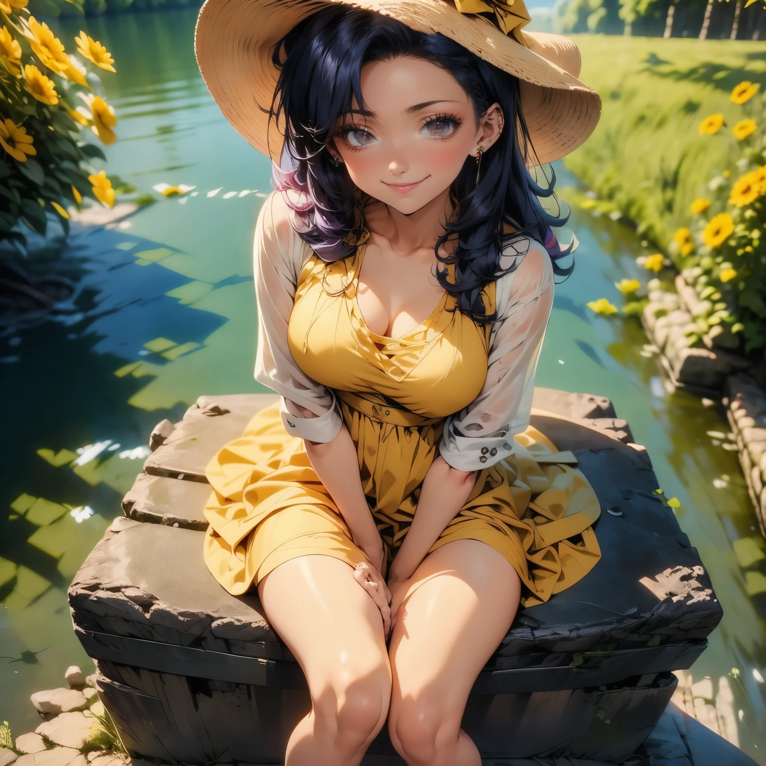 A wide-angle view of a rural roadside on a hot summer afternoon, with the sun shining brightly in the clear blue sky. A simple wooden bench is placed by the side of the road, with a woman in her 30s sitting on it, waiting quietly. She is depicted very small in the scene, occupying only about one-eighth of the canvas. The woman is wearing a white patterned bikini, along with a wide-brimmed hat and stylish sunglasses to shield herself from the sun. Her blonde hair peeks out from under the hat, slightly tousled by the gentle summer breeze. The lighting is warm and bright, casting soft shadows and highlighting her sun-kissed skin. The background features a serene countryside landscape with lush greenery and distant hills, evoking a peaceful yet warm atmosphere. The overall composition focuses on the expansive landscape, with the small figure of the woman blending into the tranquil setting, reminiscent of a classical painting with a Ghibli-style color palette and an emphasis on realism and charm. Masterpiece, Highest quality, Anime Style.