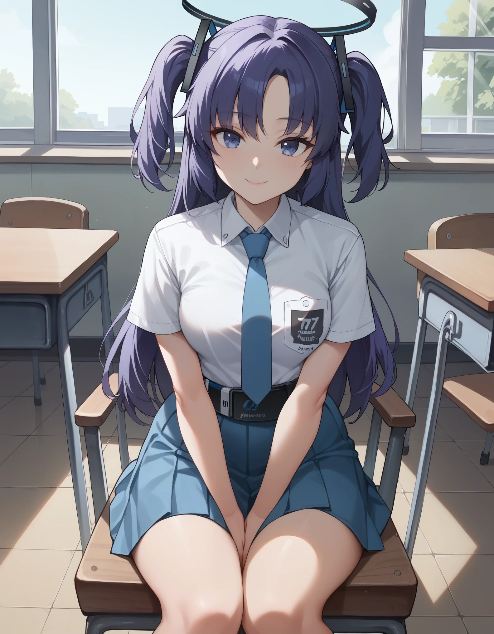 score_9, score_8_up, score_7_up, solo,1girl,yuuka, blue eyes, halo, purple hair, two side up, long hair, medium breasts, tucked in sma shirt, sma necktie, sma belt, sma skirt, sma shirt, sma skirt, inside classroom, windows, chair, tables thighs, looking at viewer, smile, sunligth, sit on chair, socks, hands between thighs, anime screencrap, dutch shot