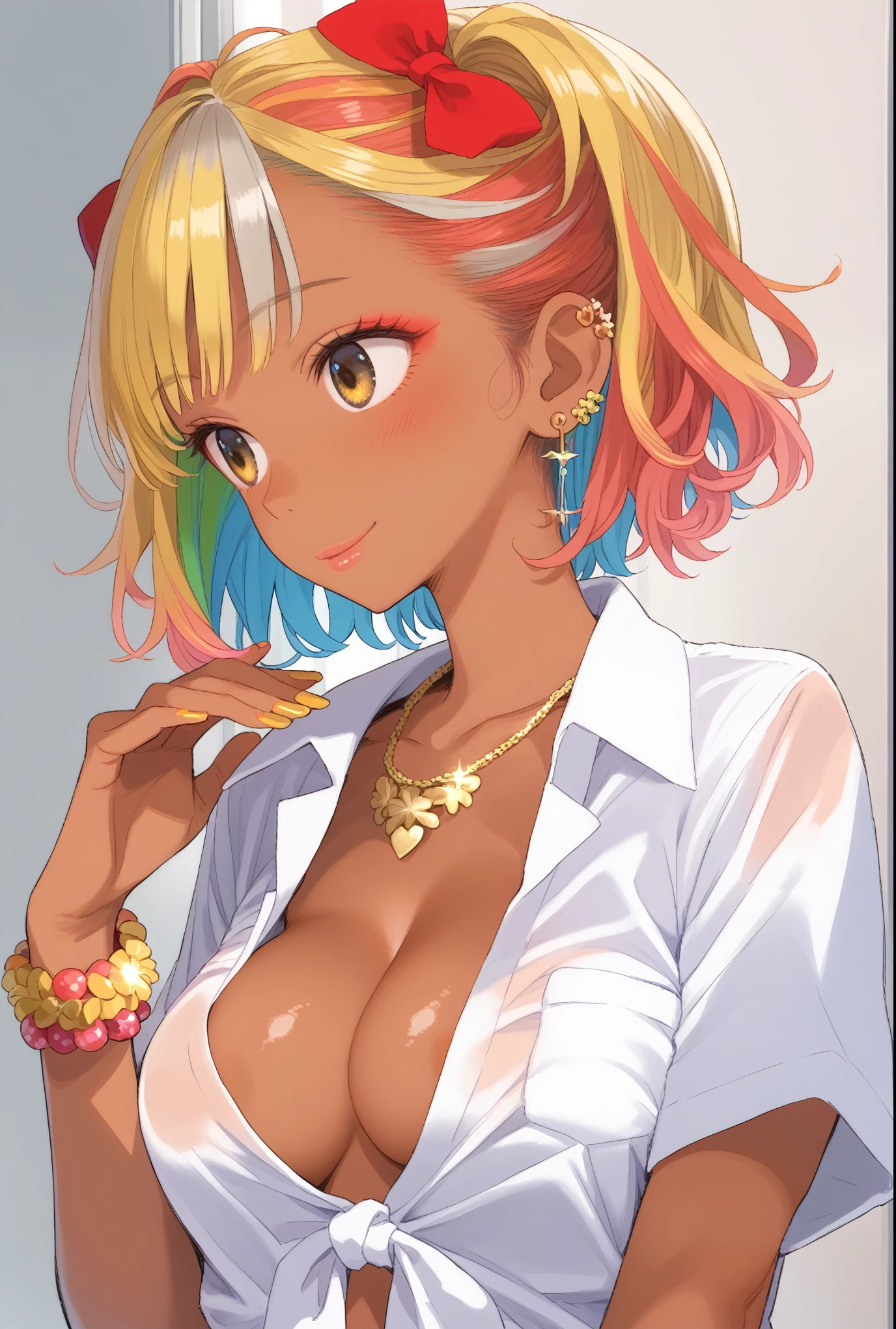 score_9, score_8_up, score_7_up, source_anime, (nsfw, Gyaru), (1girl, solo), (upper body, portrait), ars old, (natural skin, reddish brown skin), (short hair, multicolored hair, yellow hair, colorful hair), (big round eyes, yellow eyes), lips, smile, (white shirt, open chest, bow, medium breasts), pleated skirt, BREAK (silver ear cuff, gold necklace, colorful bracelet), school room background