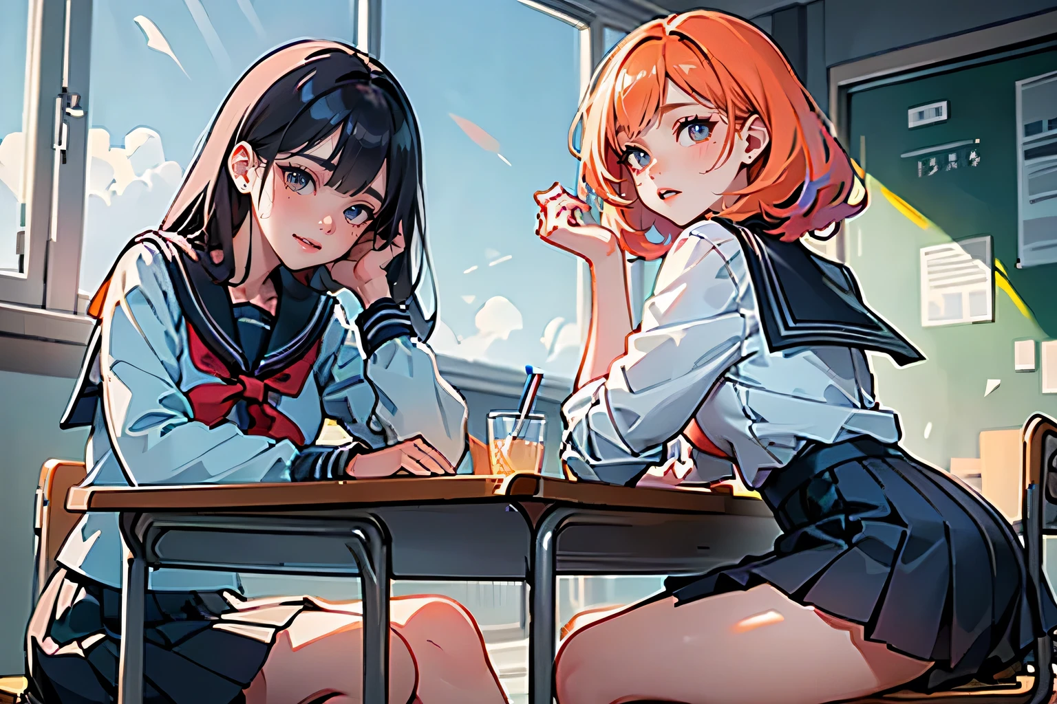 a detailed illustration of 2 schoolgirls in sailor uniforms chatting at a table in a classroom, one girl's skirt is lifted revealing her underwear, beautiful detailed eyes, beautiful detailed lips, extremely detailed eyes and face, long eyelashes, school setting, intricate details, vibrant colors, soft lighting, highres, best quality, 8k, masterpiece, digital art, colorful, photorealistic, highly detailed, dynamic composition, dramatic lighting