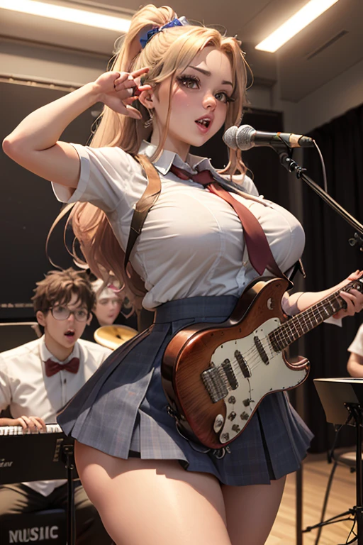 realistic、masterpiece、1 girl、2、beautiful face、embarrassing、（Landscape、standing position、spread your legs、raise one leg、musicians、Gray knitwear、skirt that rolls up、play electric bass）、（blonde hair ponytail、wavy hair）、on stage、big breasts、beautiful butt、beautiful thighs、（（panty shot、white panties、black tight mini skirt））