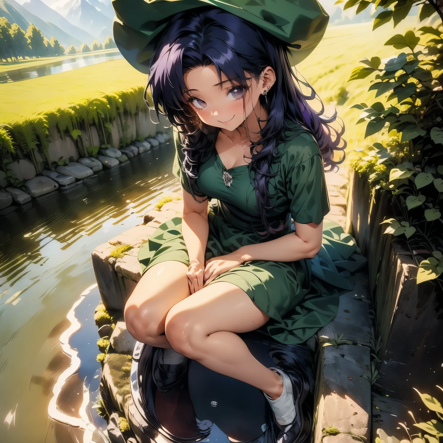 (masterpiece), best quality, expressive eyes, perfect face 4k, HDR, full HD, masterpiece, 1girl, solo, long purple hair, perfect anatomy, full body, long summer dress, emerald green dress, hat summer as a woman, she sitting on the bank of a river, in the background a mountain, very red cheeks and a shy smile, her dress is wet, rainy day with a sun,