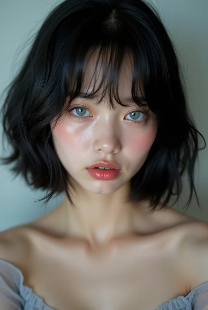 Smooth, Shiny black hair,Age 15 , Short bob hair up to shoulder length, The forehead is hidden by the bangs. Watery pale blue eyes,double、Plump, Shiny, Pale pink lips . Moisturized lips with lip balm、Accentuate your full lips、The lip balm sticking out from her lips is Shiny.、Her gaze is sharp、Full of mystery.. She has a clear face, Beautiful face and sharp expression..Sheer off-shoulder top. 、Realistic, 4K, Best Quality,Gentle features, Elegant expression, Delicate skin,, 