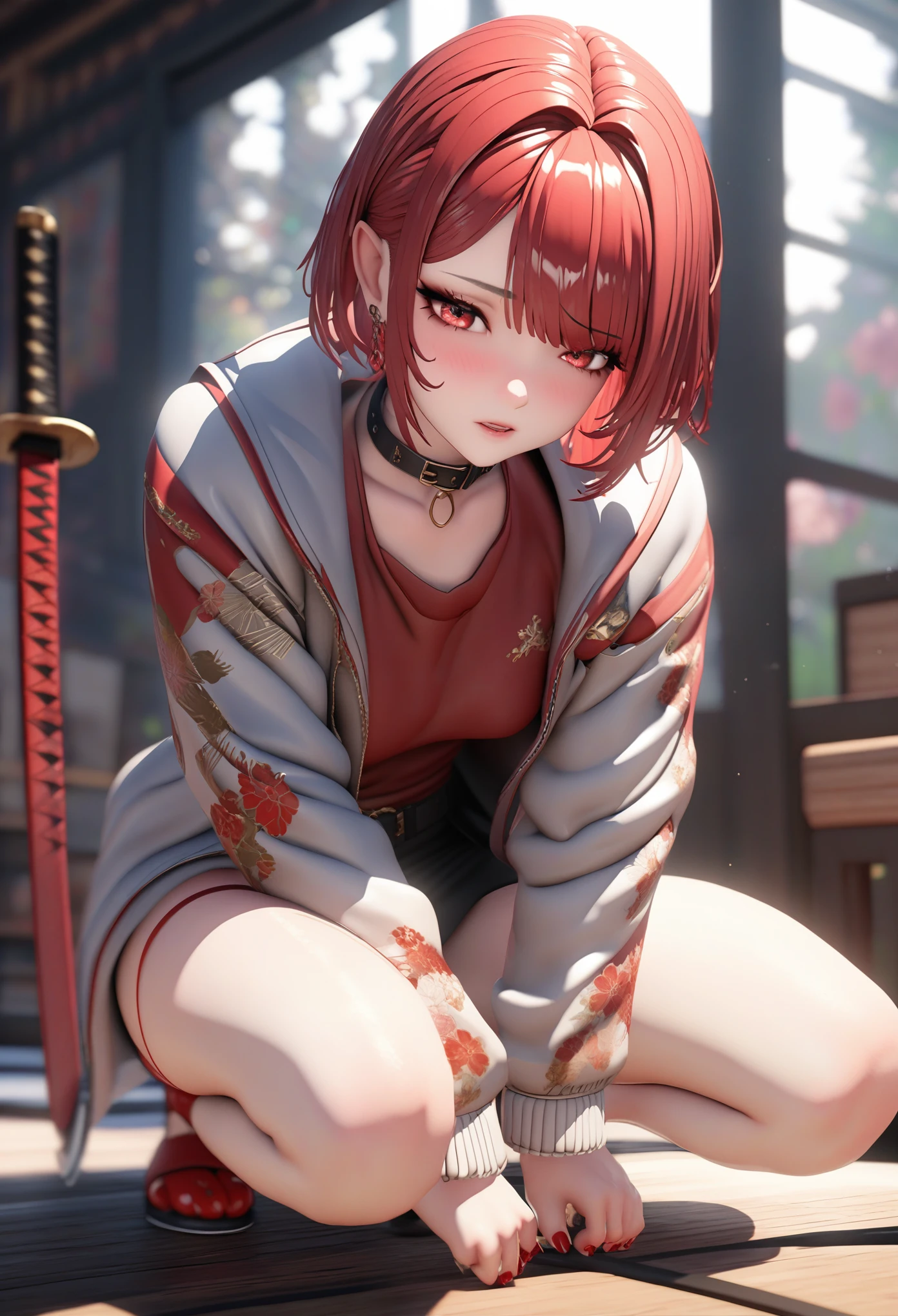 (masterpiece:1.2), best quality,CG,3d, samurai girl,
1 sister, Red eyes, ear nipple ring, alone, hair color, jewelry, looking at the audience, Vague, Full body female love, through bangs, red hair clothes, jacket, Squat down, Vague background, collar, Short hair details, long sleeves, red nails, shut up, red footwear, Floral fragrance, red top, striped hair,katana sword