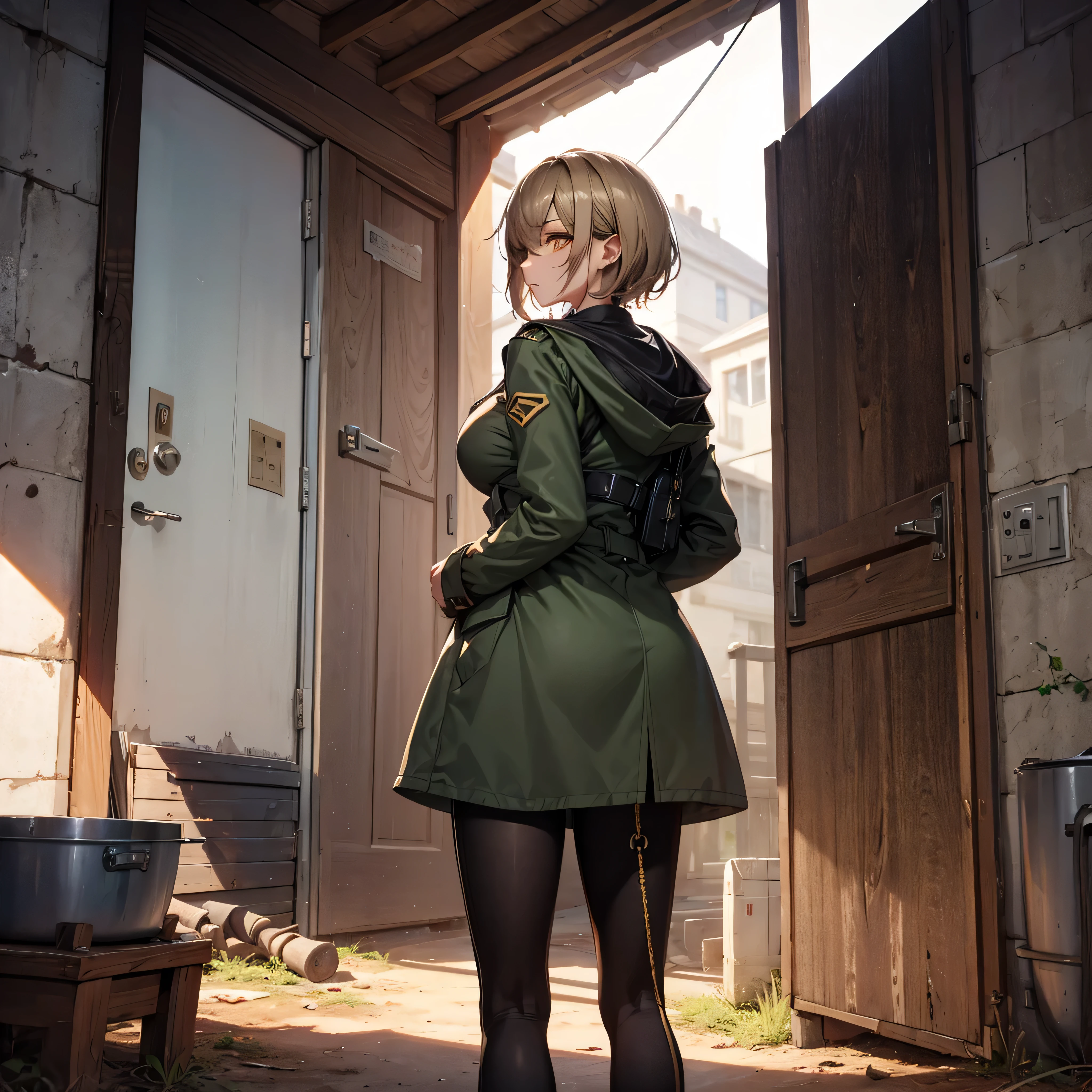 landscape, military, dug-in, funk hole., entrenchment, trench, (barbed-wired fencing:1.2), BREAK. 1 skinny girl standing, light brown short hair, swaying back, BREAK, (dark green long coat with hood pulled over eyes), tight-fit khaki military uniform, BREAK, glowing golden eyes, bouncing large breasts