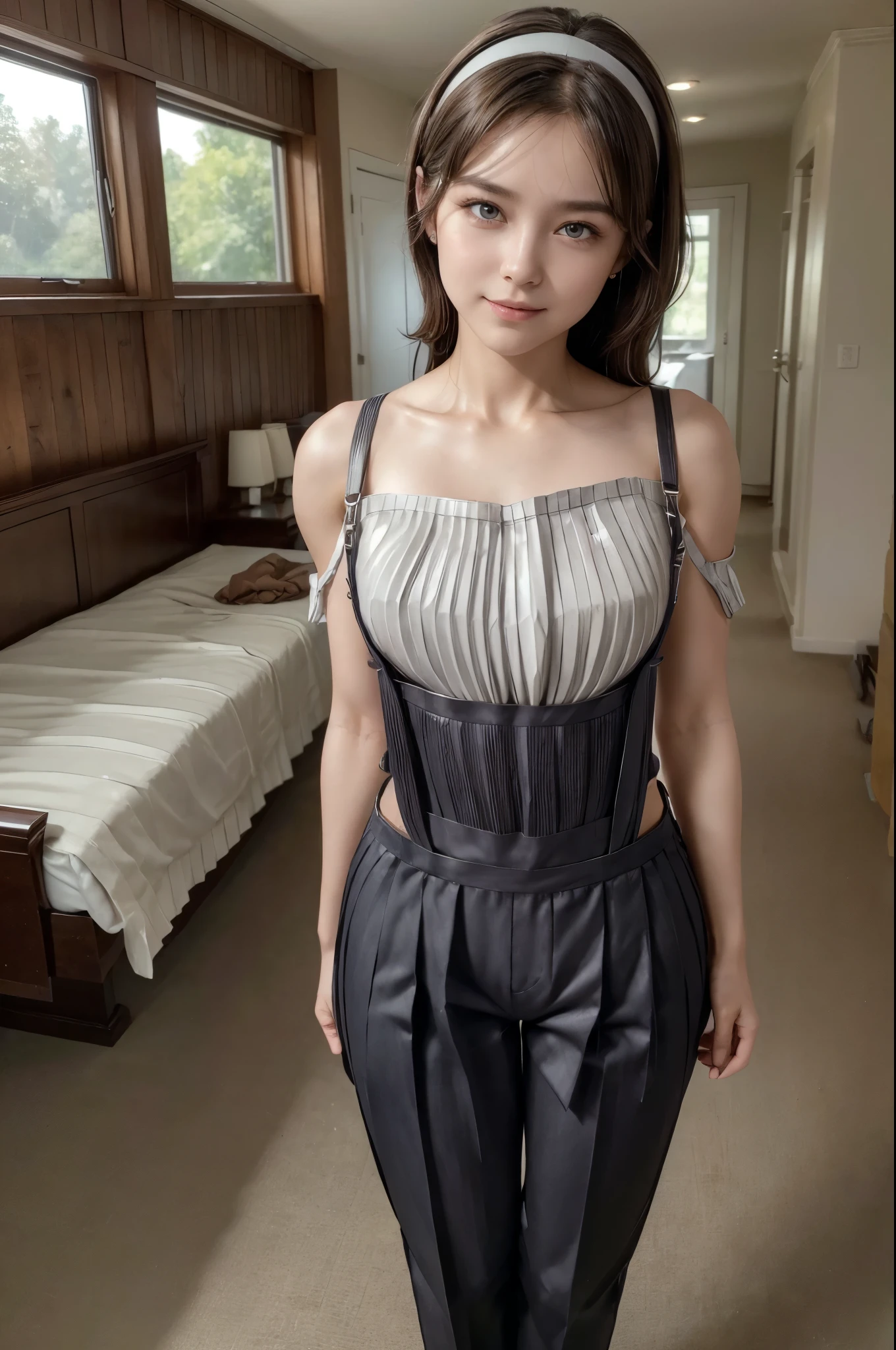 ((High resolution, Highest quality, masterpiece)), Absurd, The finer details, Highly detailed face and eyes, Anatomically correct hand, Photorealistic, (whole body), (((14 year old beautiful girl))), (((Baby Face))), Slender body line, Small and slender figure, Hair should flow down the back, Beautiful breasts, (Corset skirt with suspenders, Bust line enhancement, Amazingly cute outfit),
