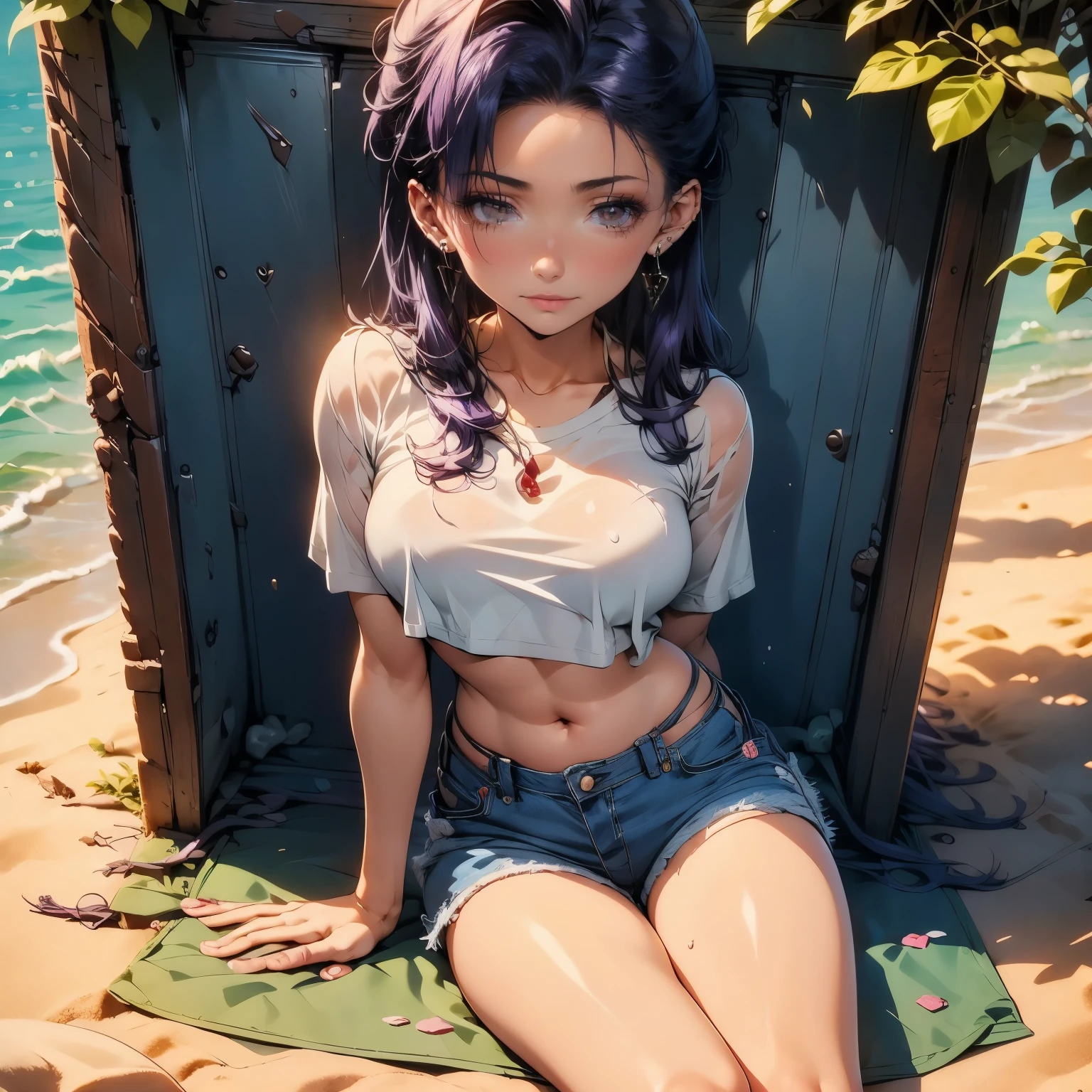 (masterpiece), best quality, 1girl, expressive eyes, perfect face, (purple hair), perfect anatomy, full body, 4k, HDR, full HD, masterpiece, 1 girl, (purple hair), perfect anatomy, full body , a red crop top, worn jean shorts, triangle earrings, red lips, hair tied in a ponytail, sitting on the sand at the seashore, her body is wet,