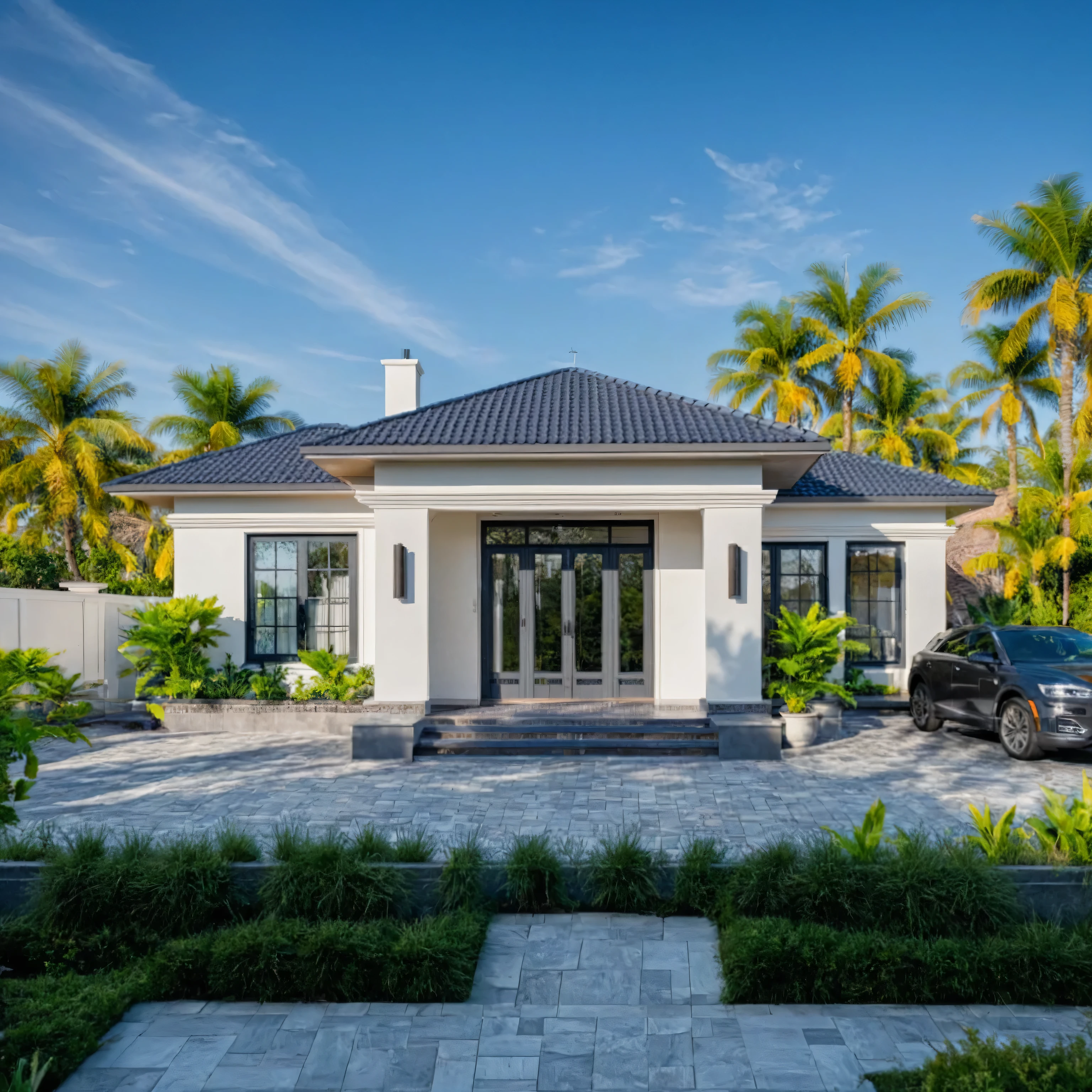 (masterpiece:1.2), best quality, photo of A two-story modern house with white walls and dark gray tiles on the roof., tree and plant, streetcapes, natural light, The exterior of an elegant single family home features large windows, a dark gray door frame.